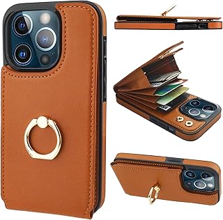 Folosu Compatible with iPhone 13 Pro Case Wallet with Card Holder, 360Â°Rotation Finger Ring Holder Kickstand Protective RFID Blocking PU Leather Double Buttons Flip Shockproof Cover 6.1 Inch Brown