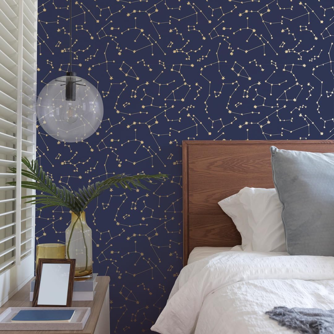 Tempaper x Novogratz Navy Blue & Metallic Gold Constellations Removable Peel and Stick Wallpaper, 20.5 in X 16.5 ft, Made in the USA