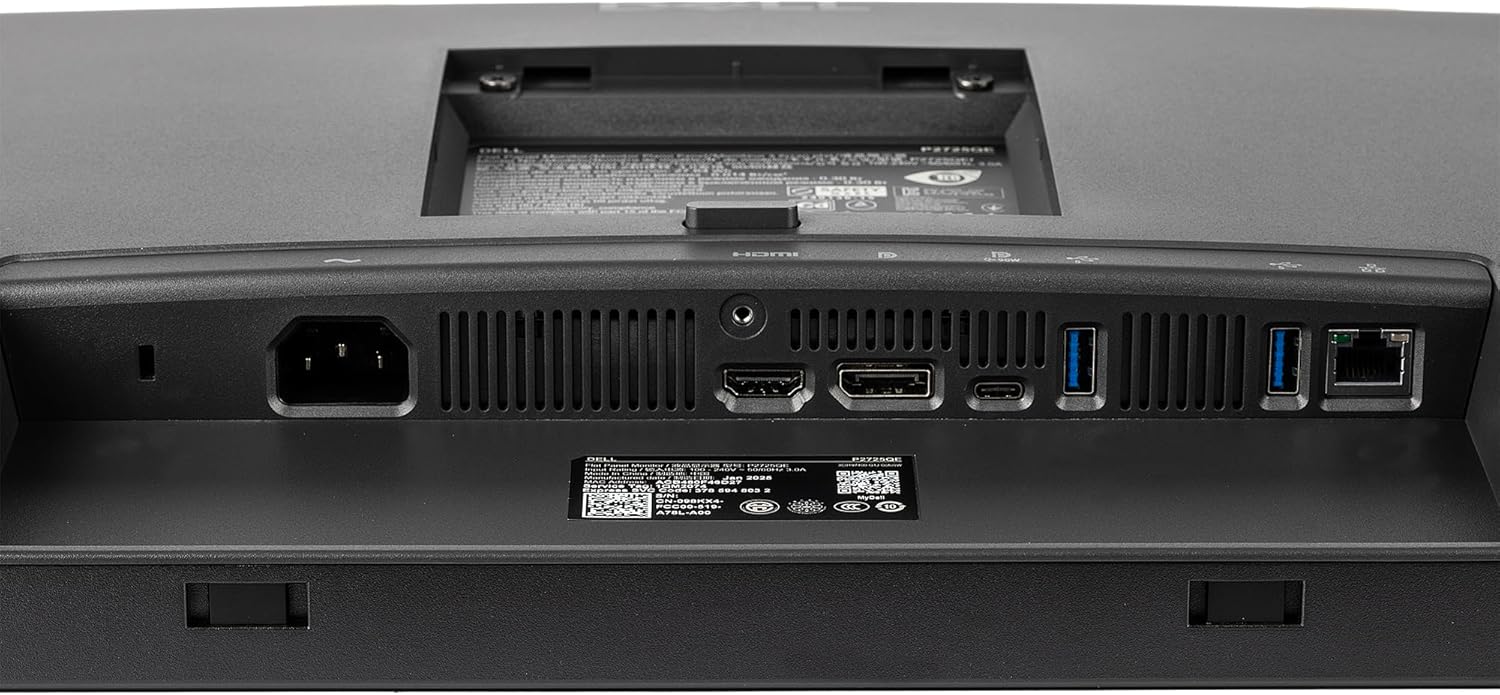 Close-up of Dell P2725QE monitor ports including USB-C, HDMI, DisplayPort