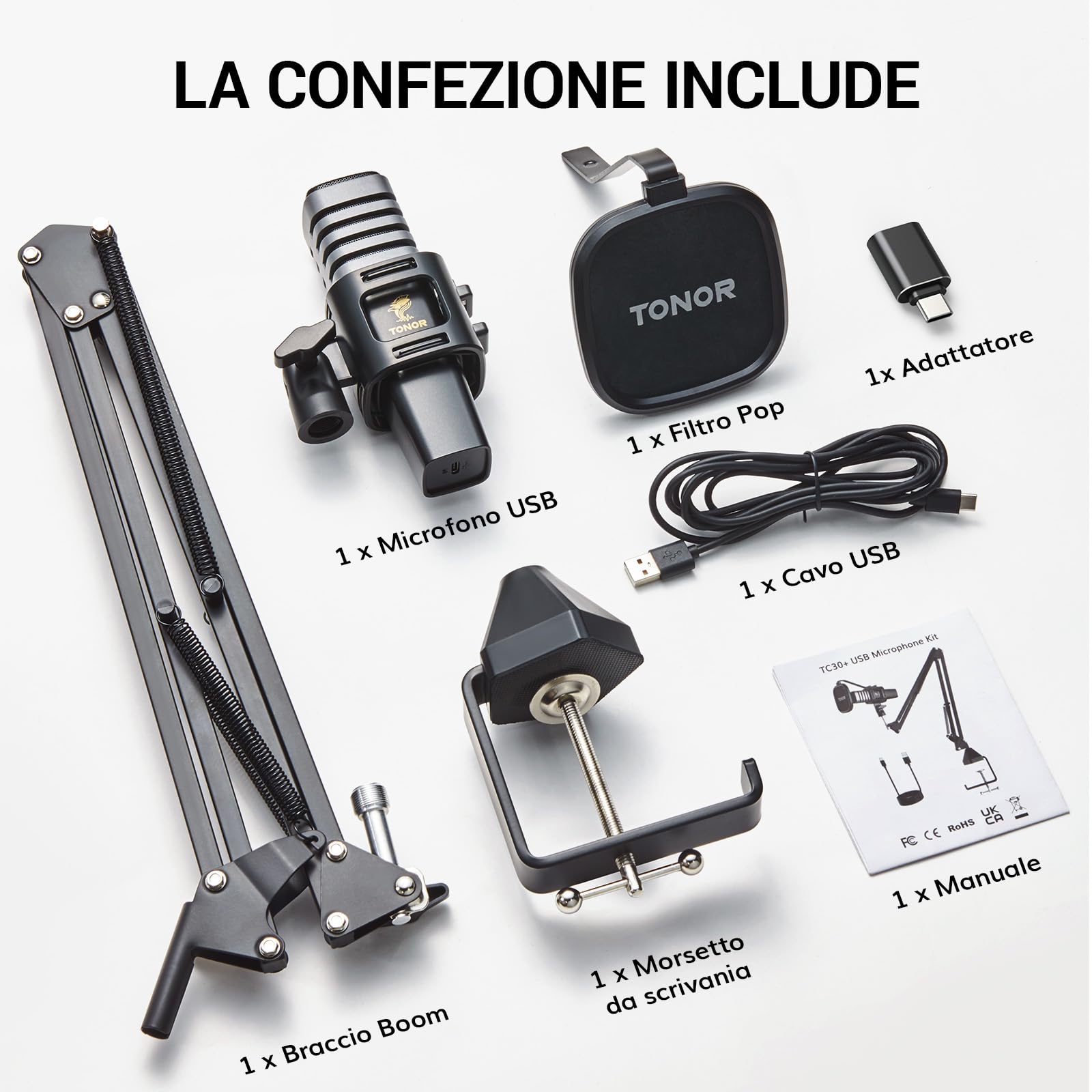TONOR PC microfono USB kit, set microfono a condensatore cardioide per recording di podcast, gaming, streaming, canto, voice over, microfono da studio con supporto regolabile a braccio, 200 cm,TC30+