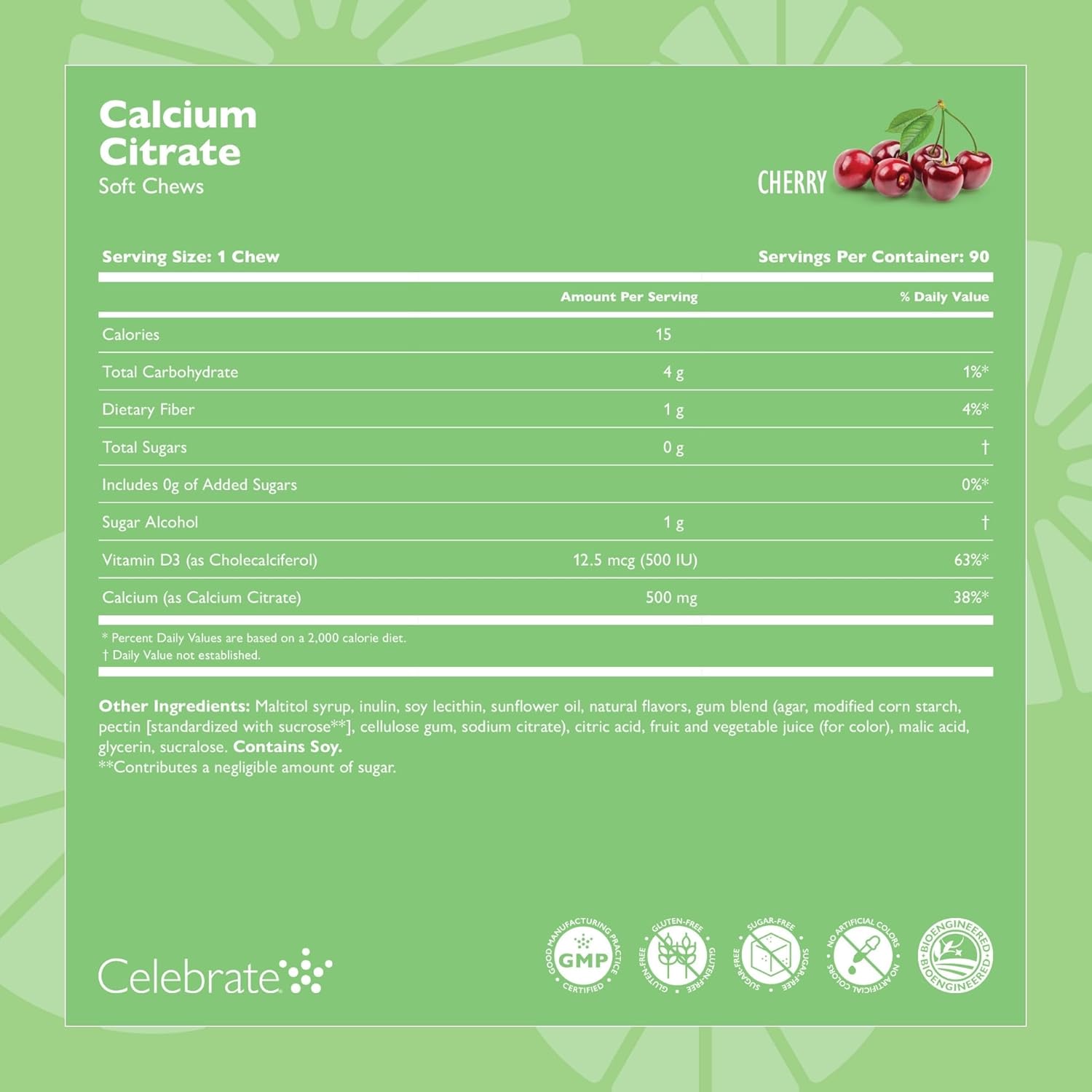 Celebrate Vitamins Bariatric 500mg Calcium Citrate Soft Chews with 500 IU Vitamin D3 – Essential for Gastric Bypass Patients & Bone Health - Sugar & Gluten Free, Cherry (90 Chews)