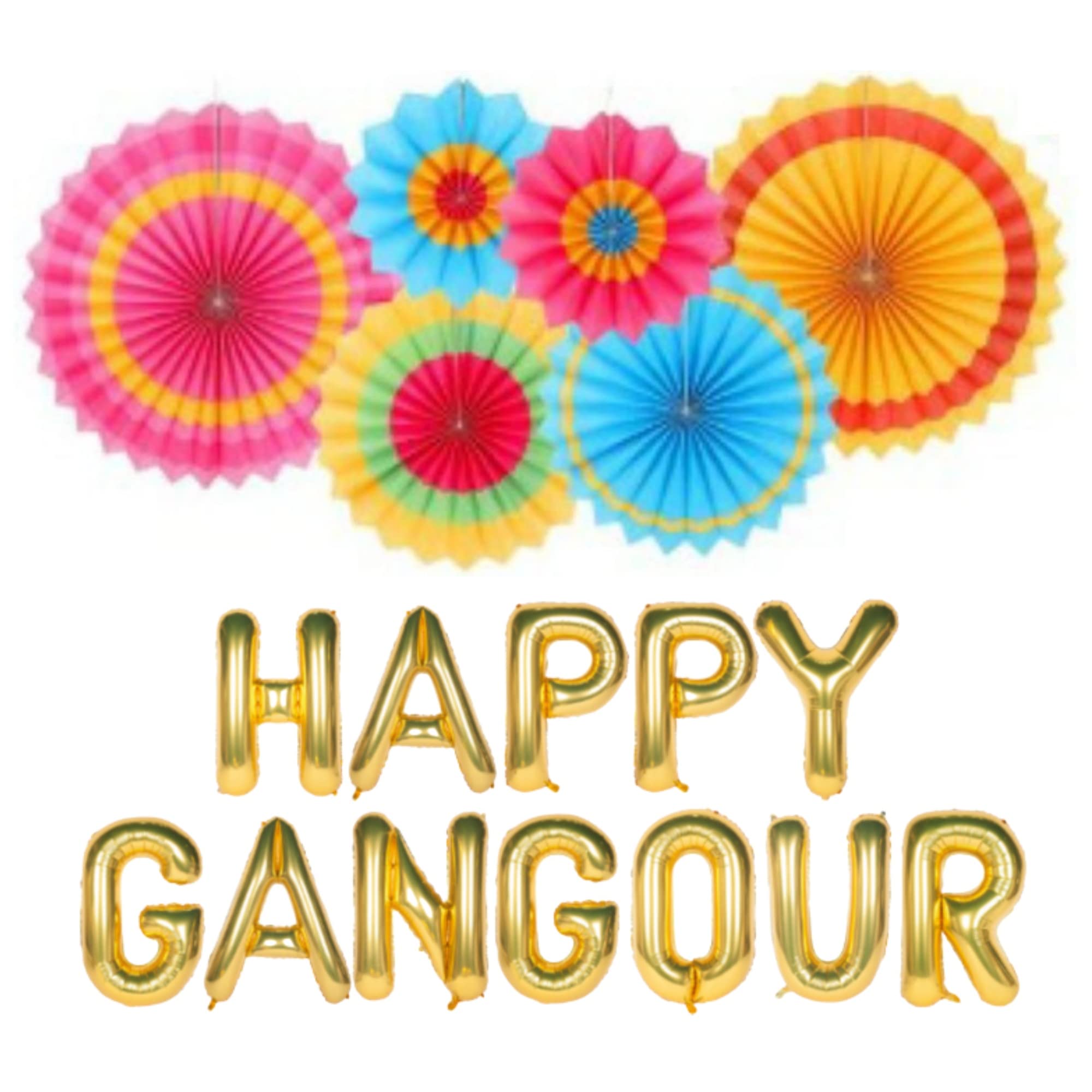Atpata Funky Happy Gangaur Festival Foil Balloon Decorations for Gangour theme Marwadi Rajasthani Function Party Supplies (Happy Gangour, Paper Fans)