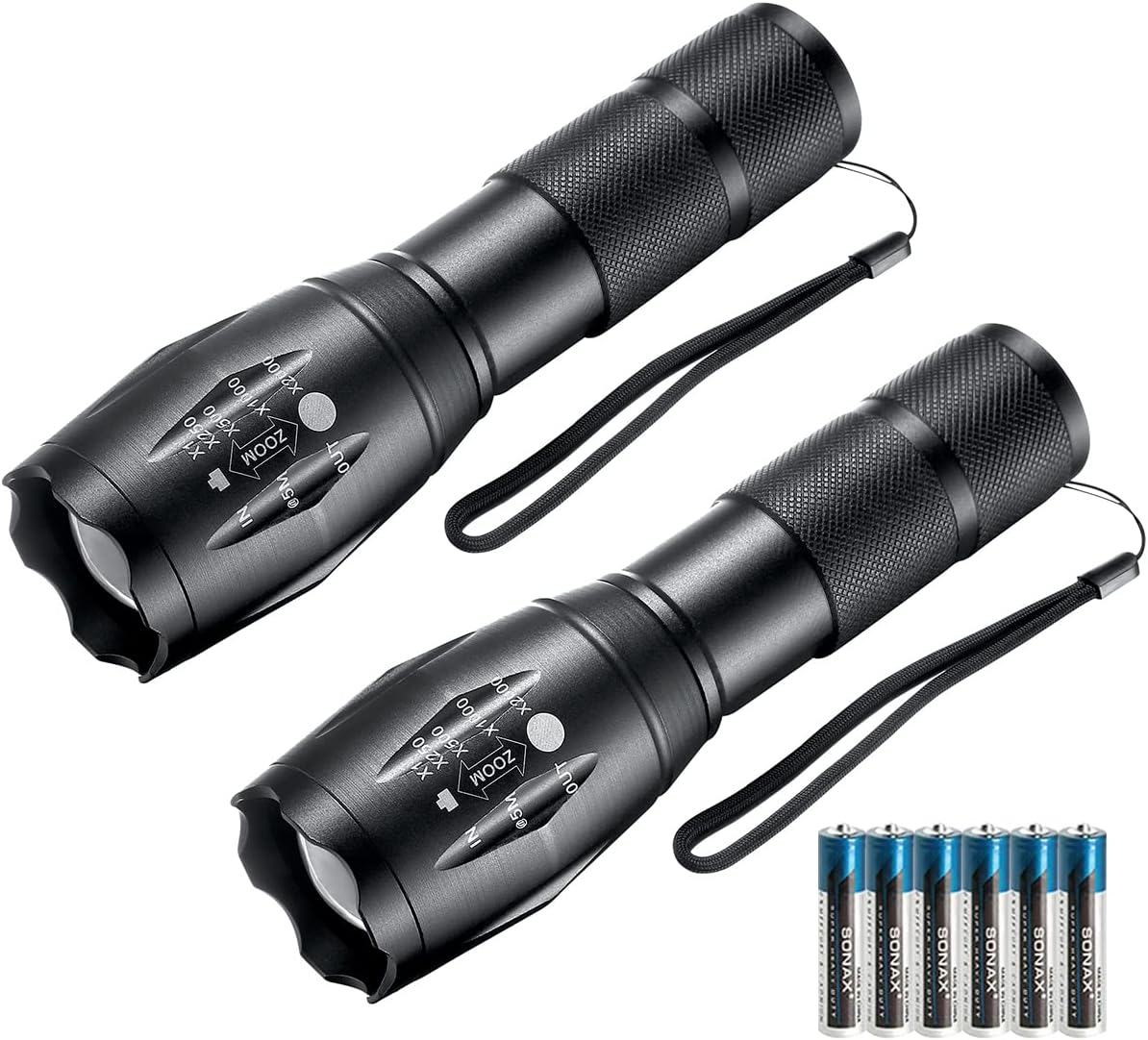 LED Flashlights, Tactical Flashlight High Lumens Lights with 2 18650 Battery | Portable Waterproof Zoomable Flashlight with 5 Mode for Camping/Outdoor/Hiking/Gift-Giving/Emergency, 2 Pack (Black)
