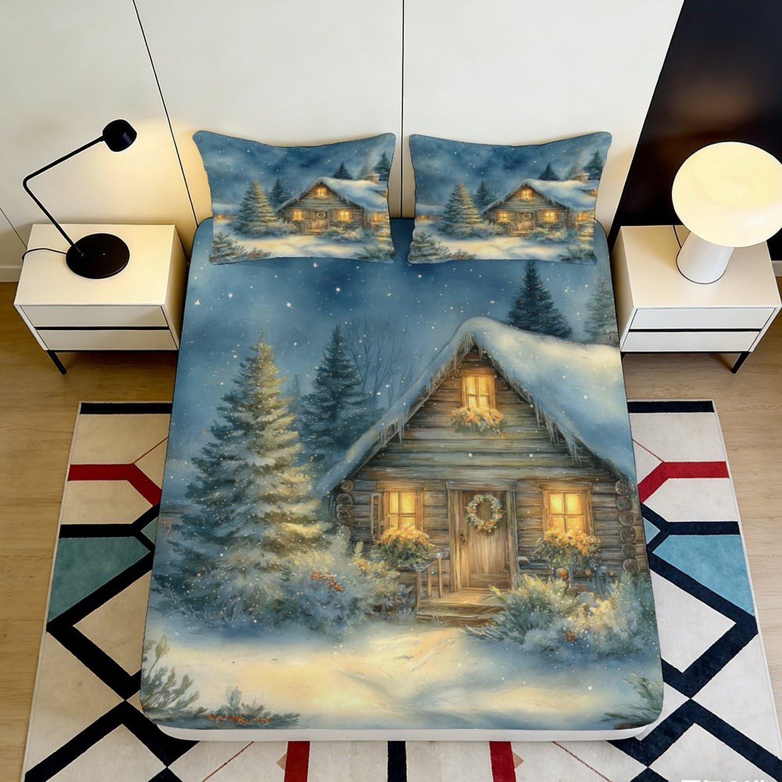 3D Printed Winter Cabin Snowy Forest Fitted Sheet Microfiber Anti-Slip Bed Cover for Bedroom Guest Room Easy Care 140x200x25cm