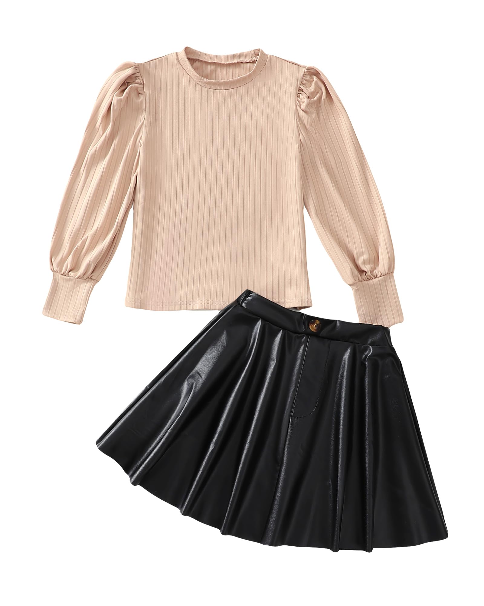 YOURUIKEY Girls Skirt Sets 2 Piece Outfits Long Sleeve Puff Mock Neck Tops and Plaid Skirts Fall Winter Clothes Size 6-14Y