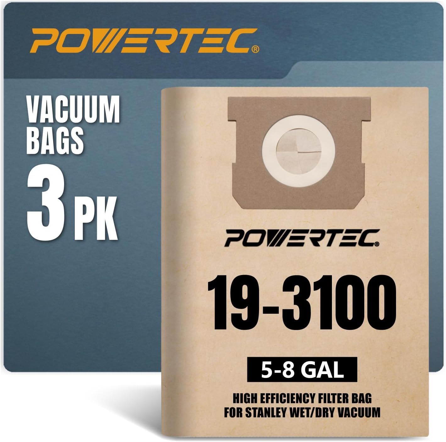 POWERTEC 19-3100 Shop Vac Bags 3 Pack for Stanley 5-8 Gal Wet Dry Vac, Replacement Vacuum Bags for Stanley SL18116P, SL18115P & Porter Cable Shop Vacuums (75101)