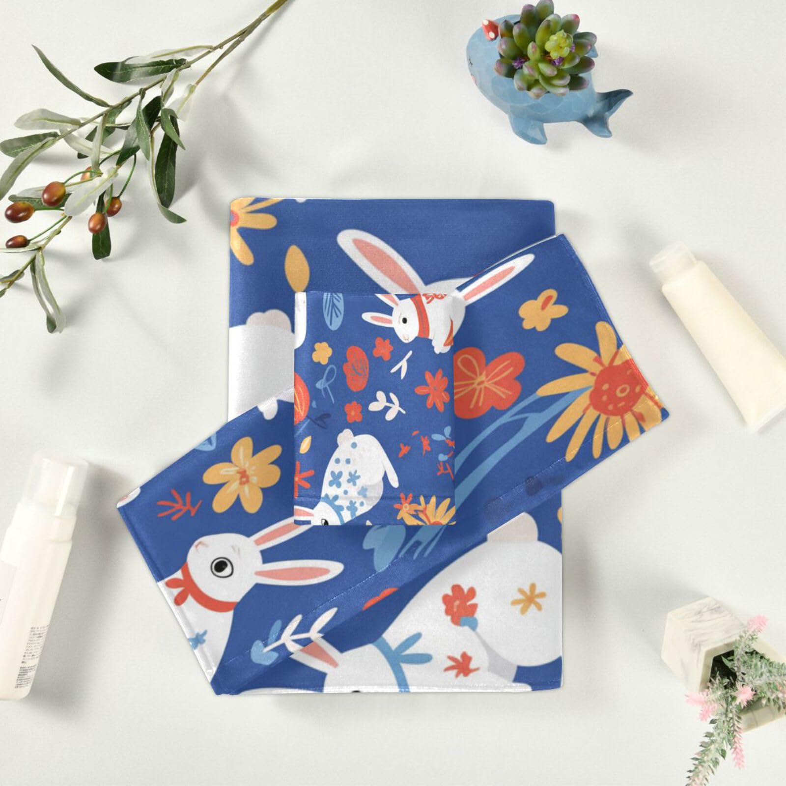 Set di 3 asciugamani in microfibra con coniglietti e fiori blu, 1 asciugamano da bagno, 1 asciugamano per le mani, 1 panno per spiaggia, capelli, viso, palestra, nuoto, cucina