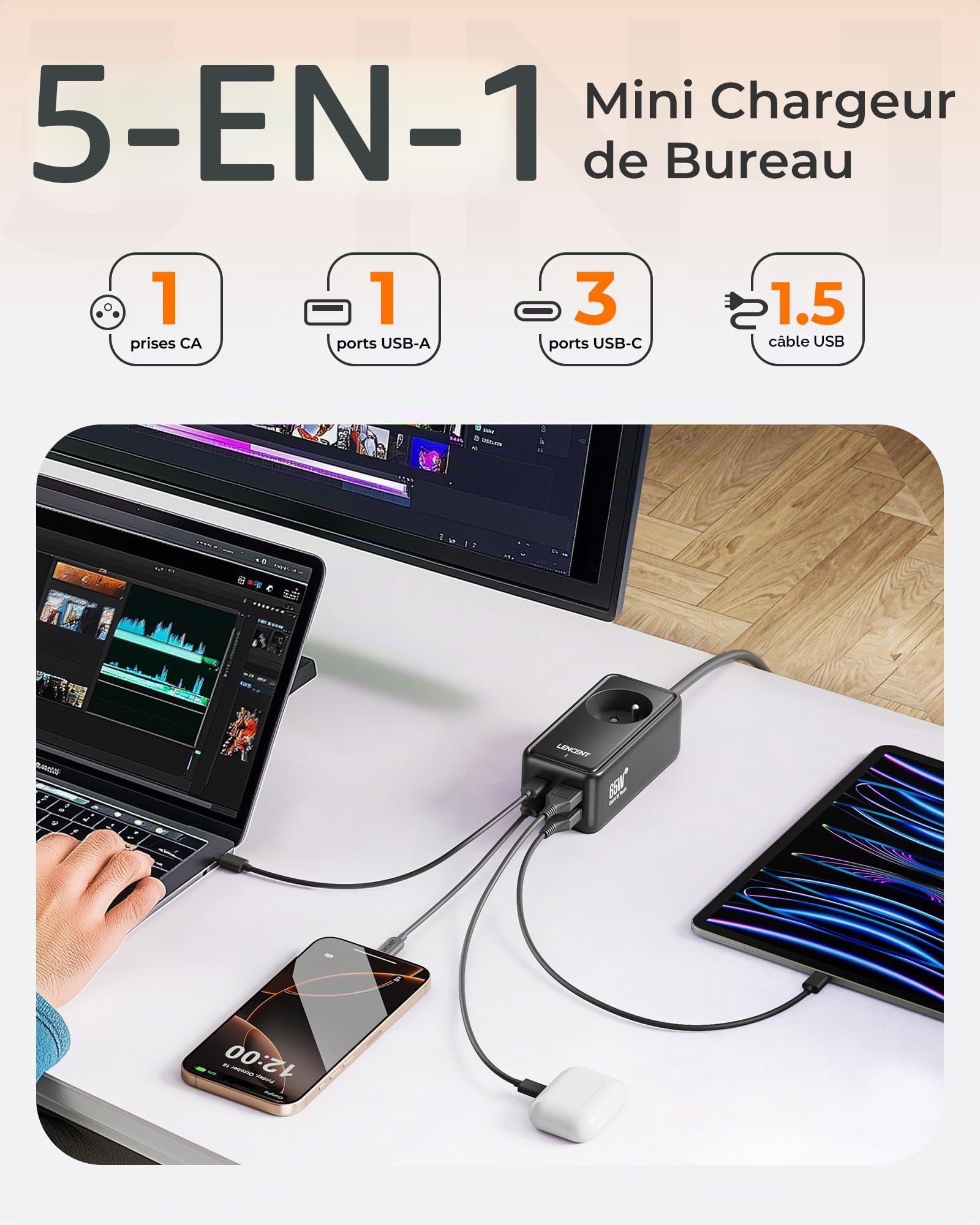 LENCENT 65W Chargeur USB C Rapide, 2 Ports Prise USB C & 2 USB A GaN Tech