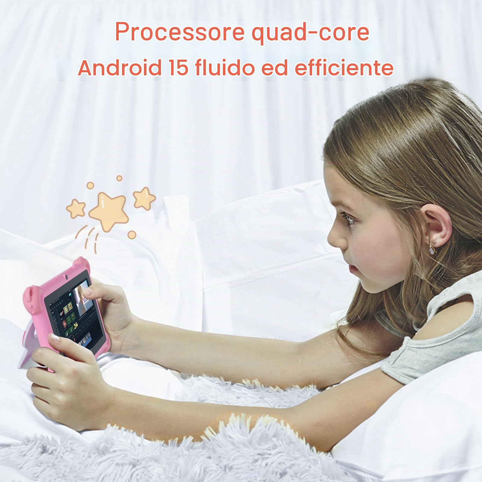 C idea Tablet per bambini Android 15, schermo 7 pollici 1024 x 600, 6 GB (3+3) di RAM + 32 GB di ROM, batteria 2500 mAh, applicazioni per bambini preinstallate, compatibile WiFi e Bluetooth (rosa)