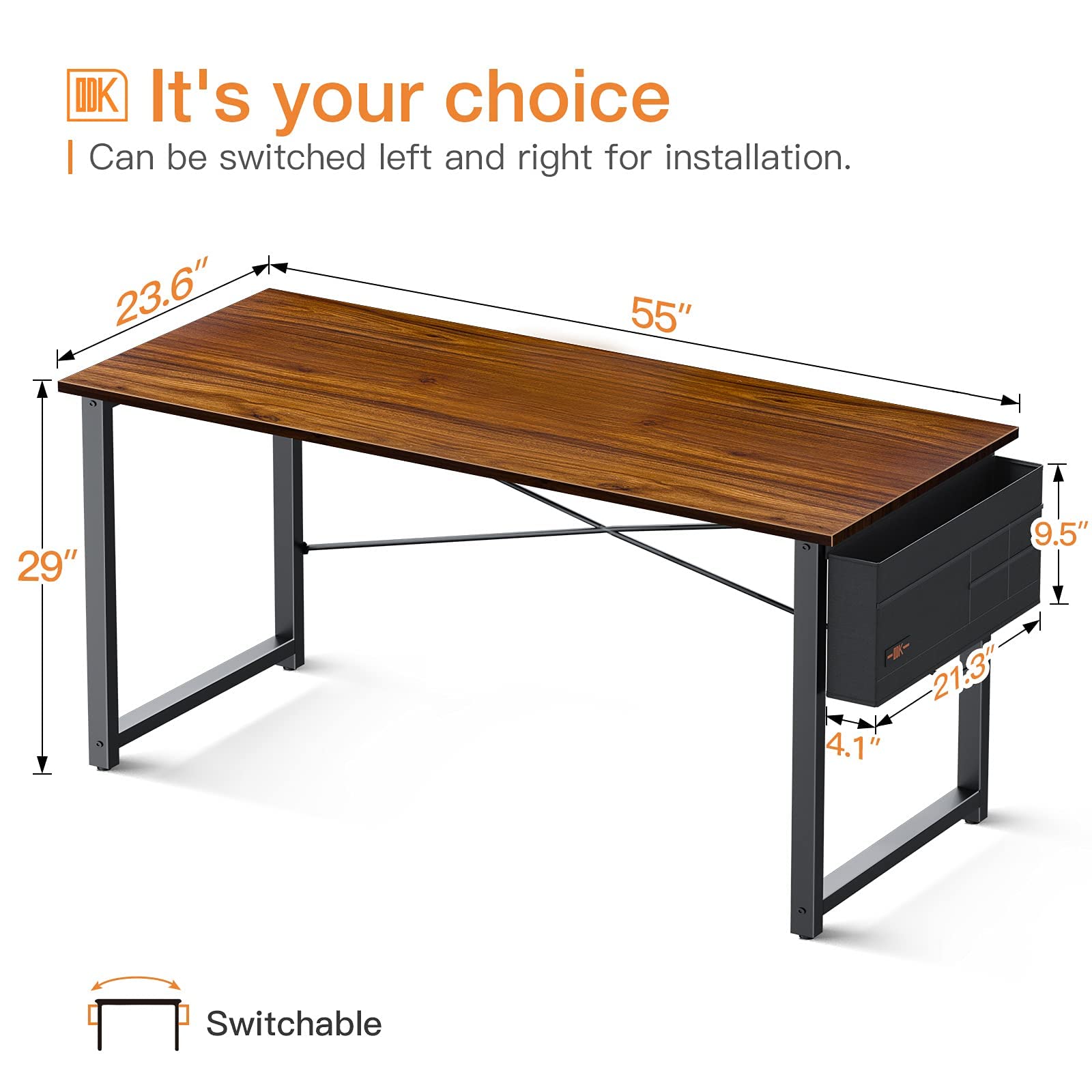 ODK Computer Writing Desk 55 inch, Sturdy Home Office Table, Work Desk with A Storage Bag and Headphone Hook, Deep Brown