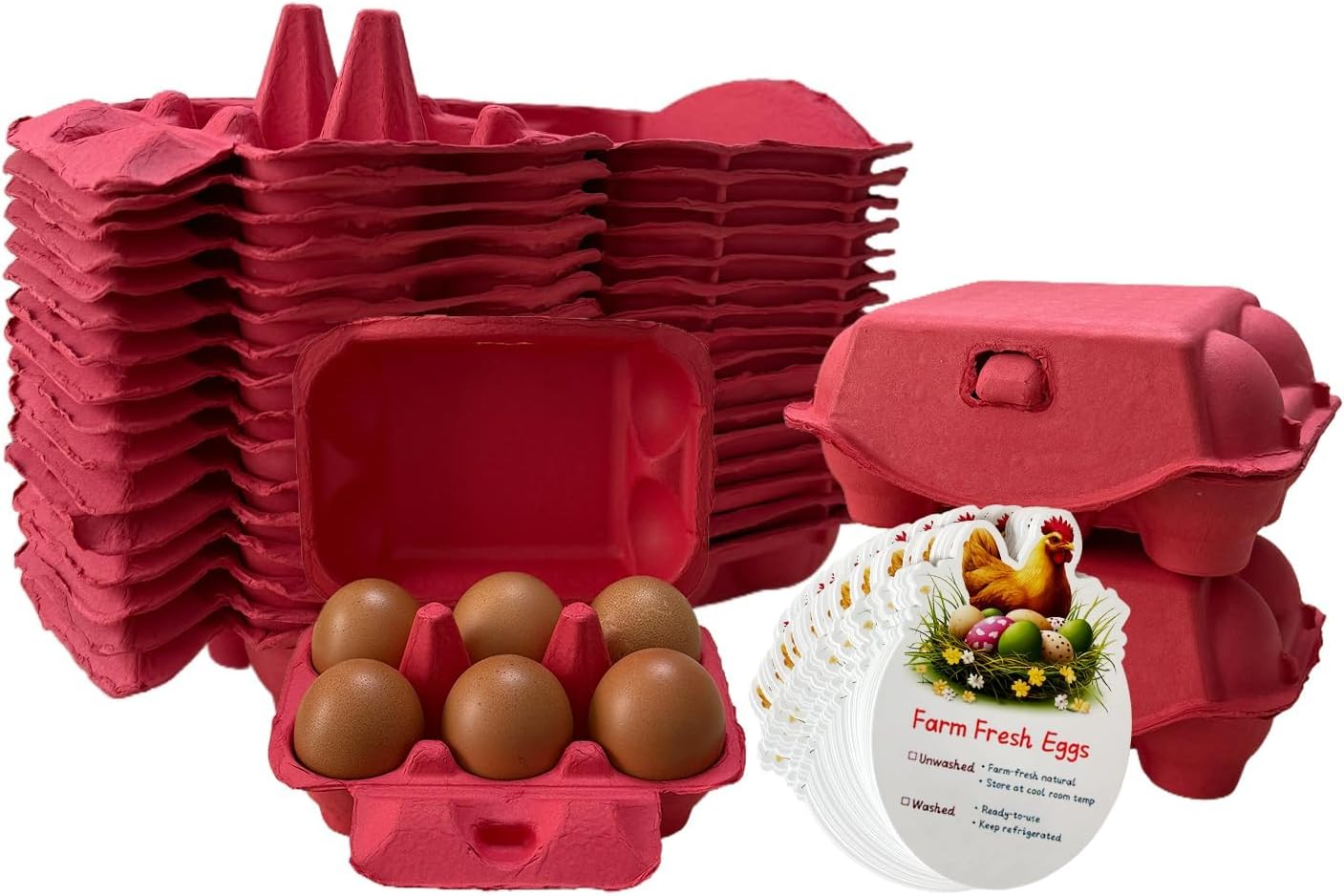 Reusable Egg Cartons, Paper Pulp Material, 50 Pack, Pink Yellow Orange Red Colors, Farm Fresh Eggs Storage Container (Red)