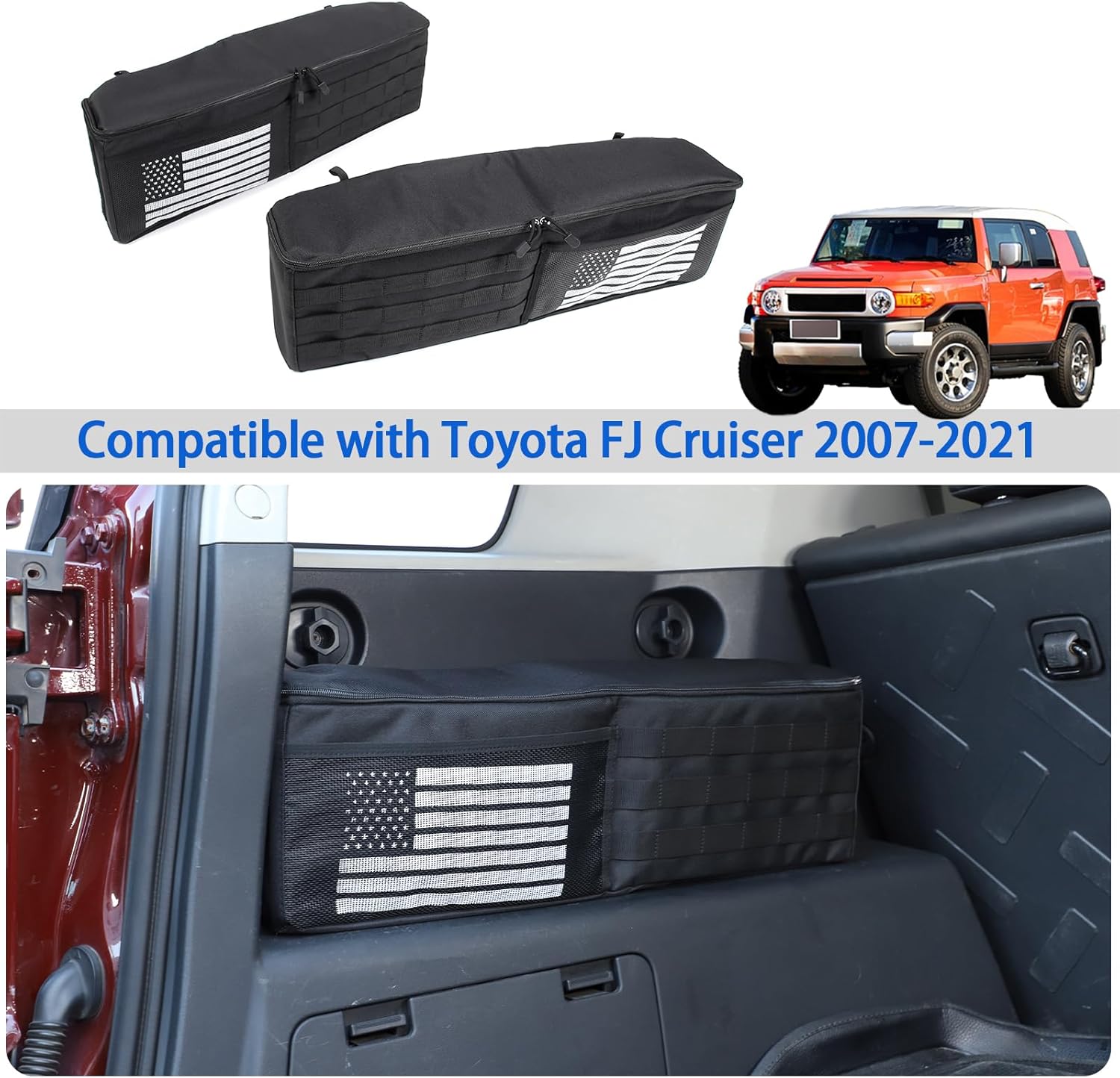 Car Trunk Organizer Compatible with Toyota FJ Cruiser 2007-2021, Rear Storage Organizer With American Flag, Multi-Compartment Oxford Cloth Car Storage Bag Space Saving (2PCS)