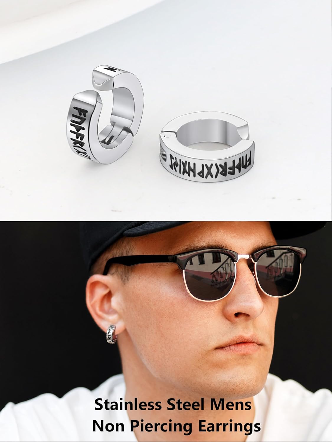 Viking Runes Hoop/Clip-on/Stud Earrings for Men Women Stainless Steel Hypoallergenic Earrings Amulet Protection Jewelry Gifts(with Box) - Image 5