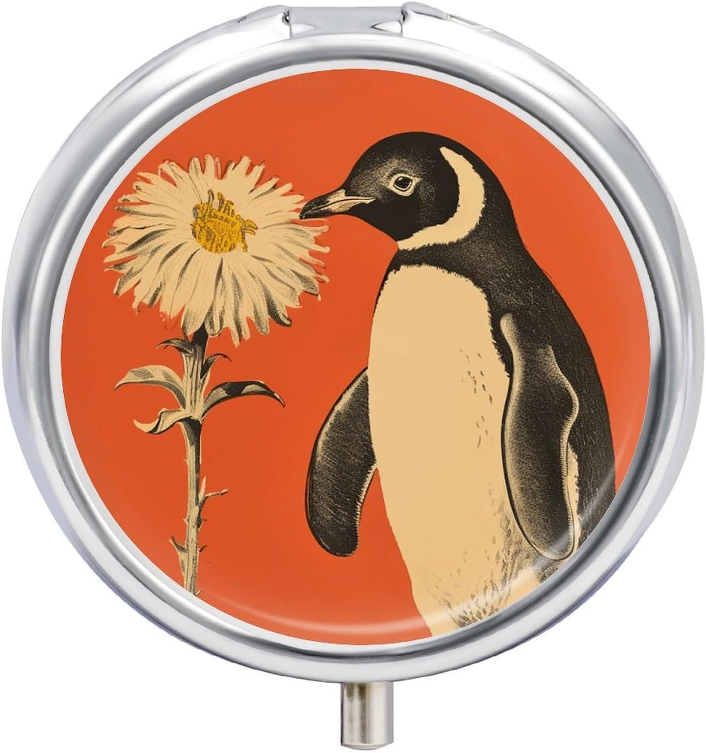 Round Daily Penguin Flower Pill Case with 3 Compartment & Mirror