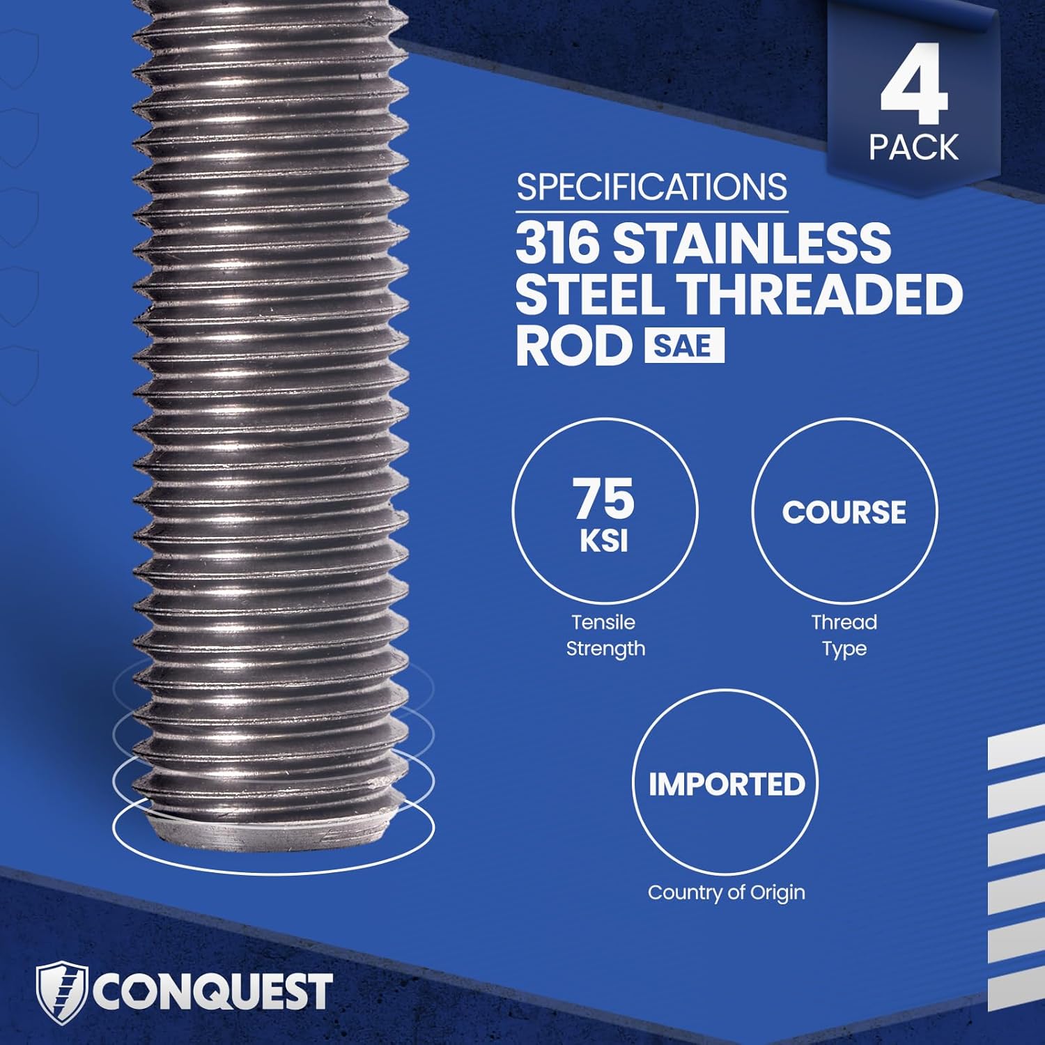 Conquest Fasteners Type 316 Stainless Steel Fully Threaded Rod, 1/2" -13 Thread Size, 24" Length Right Hand Threads (4 Pack)