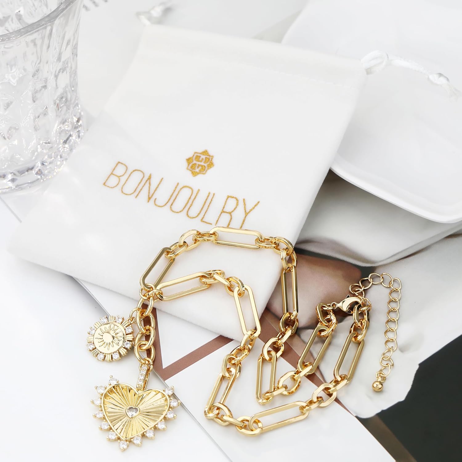 Chunky Gold Necklace for Women, 18K Waterproof Heart Necklace Statement Necklace Gold Charm Necklace Chunky Jewelry Paperclip Chain Choker Gift for Women