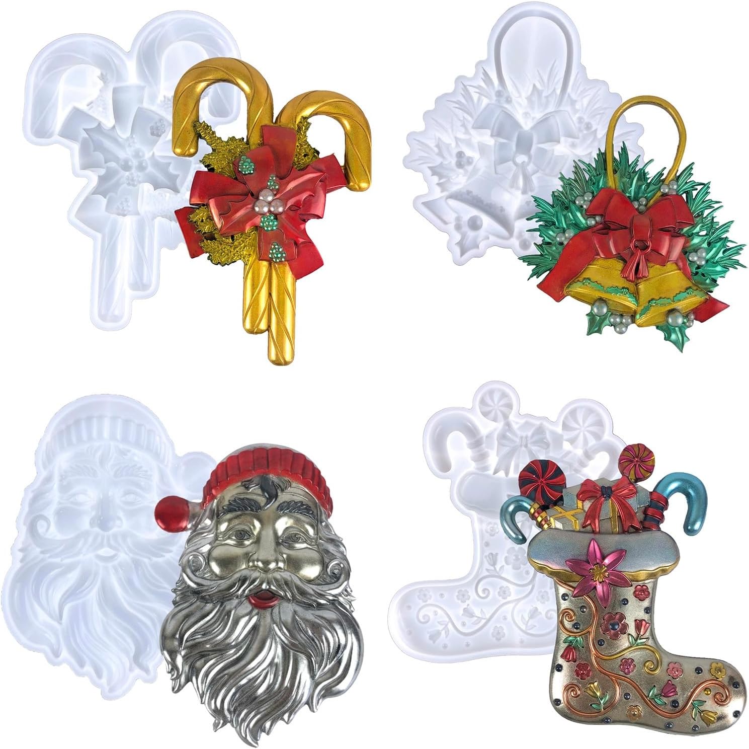 4 pcs Christmas Silicone molds, 3D Santa Claus Socks, Canes, Candy Bells, Wall Hanging Resin Silicone molds, Bedroom and Living Room Decorations, Holiday Gifts Making Moulds, Resin molds for Silicone