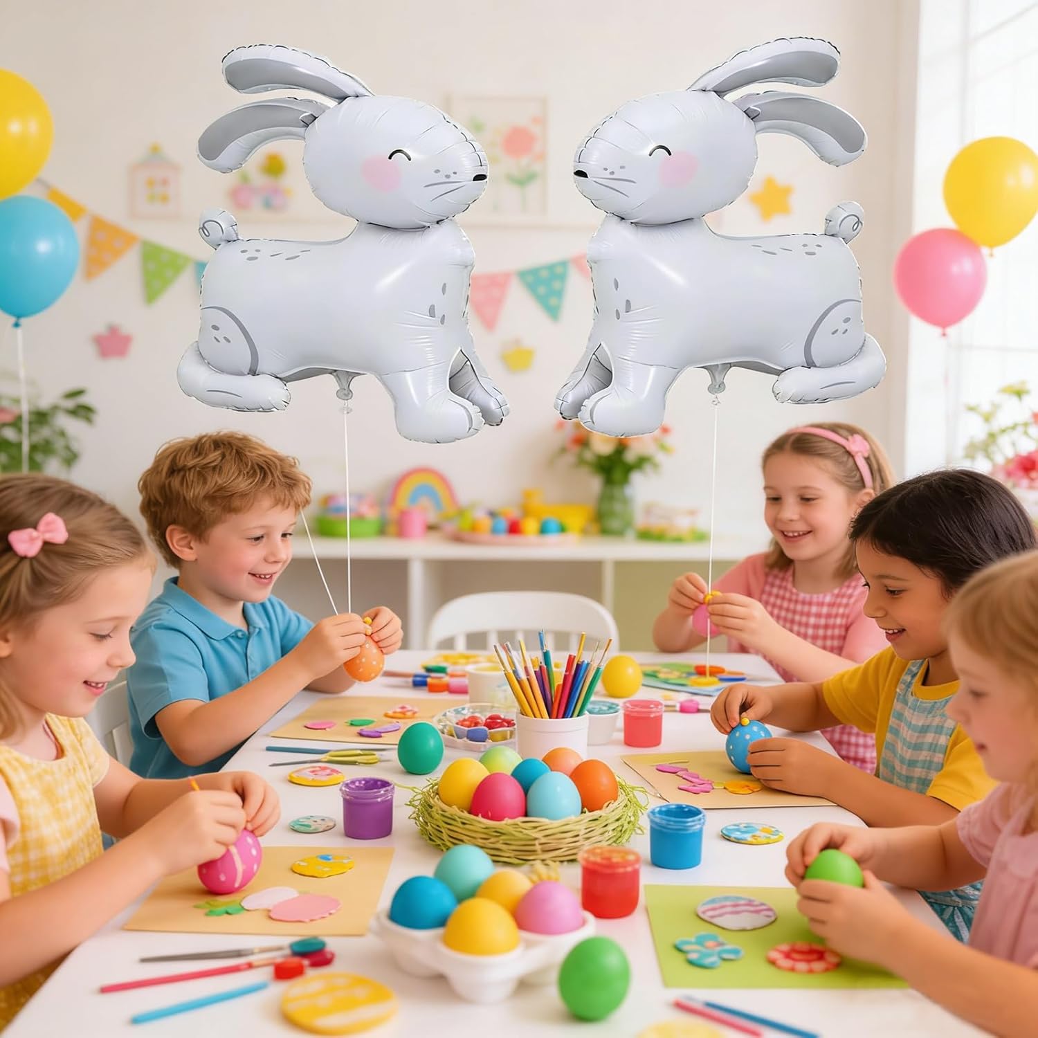 Soochat 2Pcs Bunny Balloons, 4D Realistic Self Stand Rabbit Foil Mylar Balloons, Forest Woodland Bunny Walking Animal Balloon for Easter Birthday Baby Shower Party Decorations Supplies