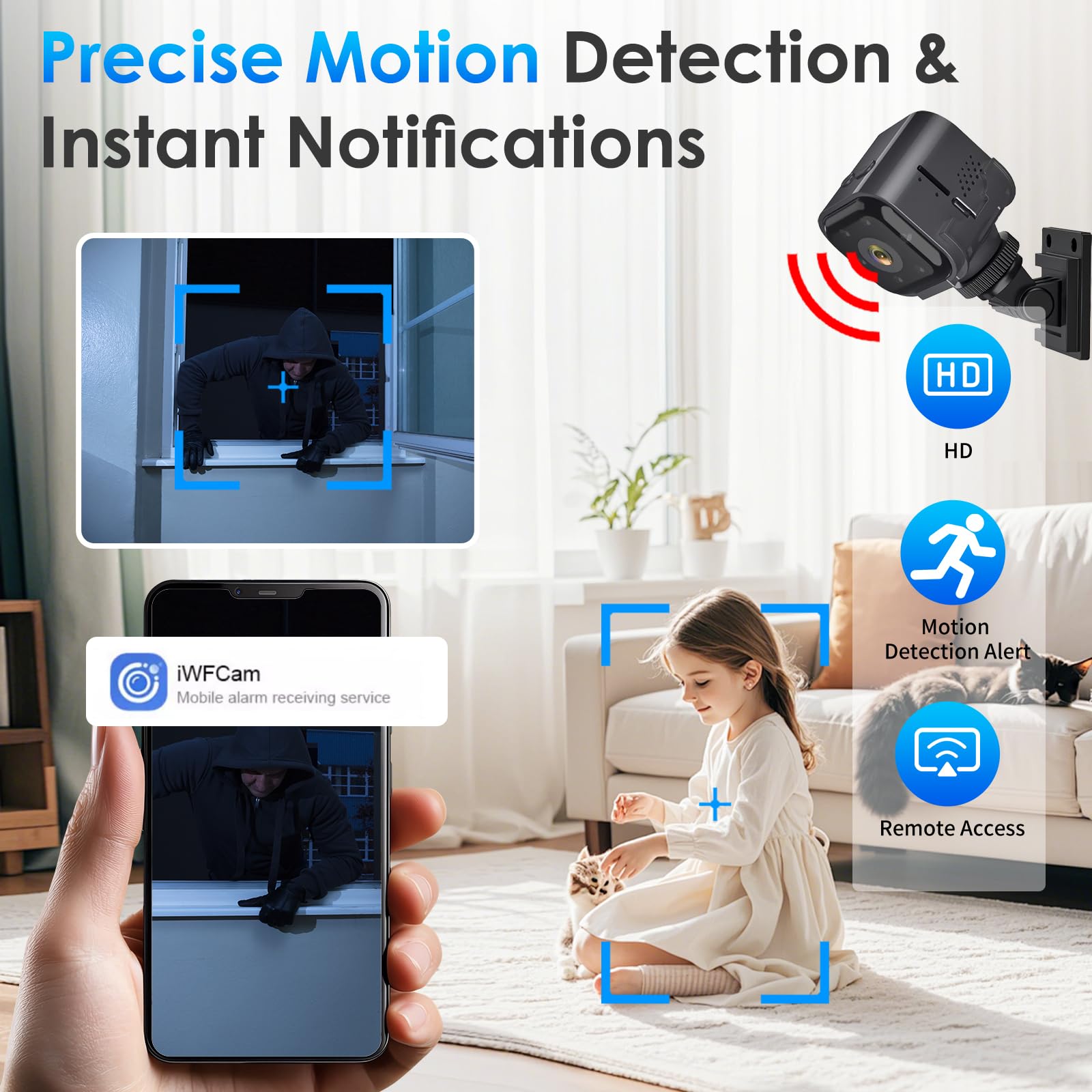 Mini Telecamera Senza Fili, Videocamera Sorveglianza HD, Microcamera | Telecamera WiFi Interno, Visione Notturna, Audio Bidirezionale, rilevazione di movimento, HD 1080p, Per Casa/Bambini