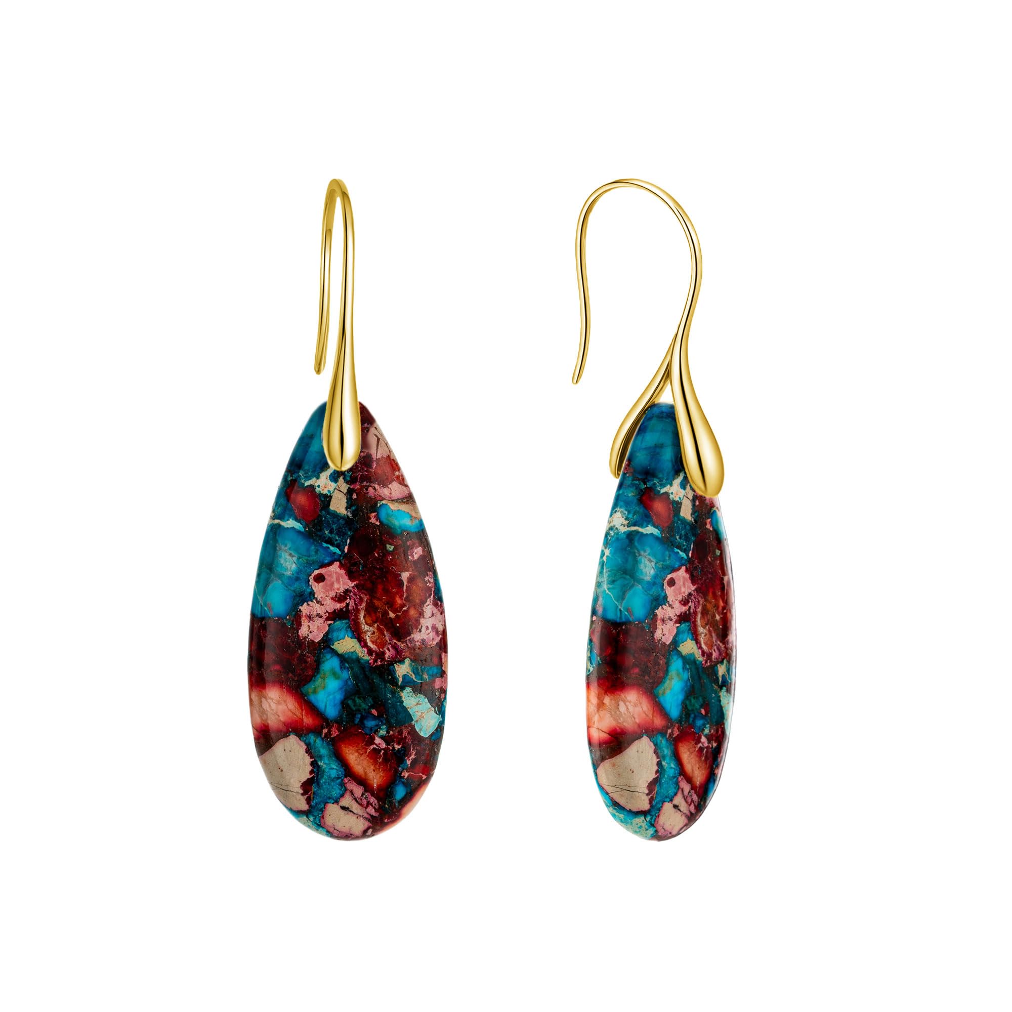 925 Sterling Silver Natural Imperial Jasper Dangle Drop Earrings, Waterdrop Shape, Boho Style