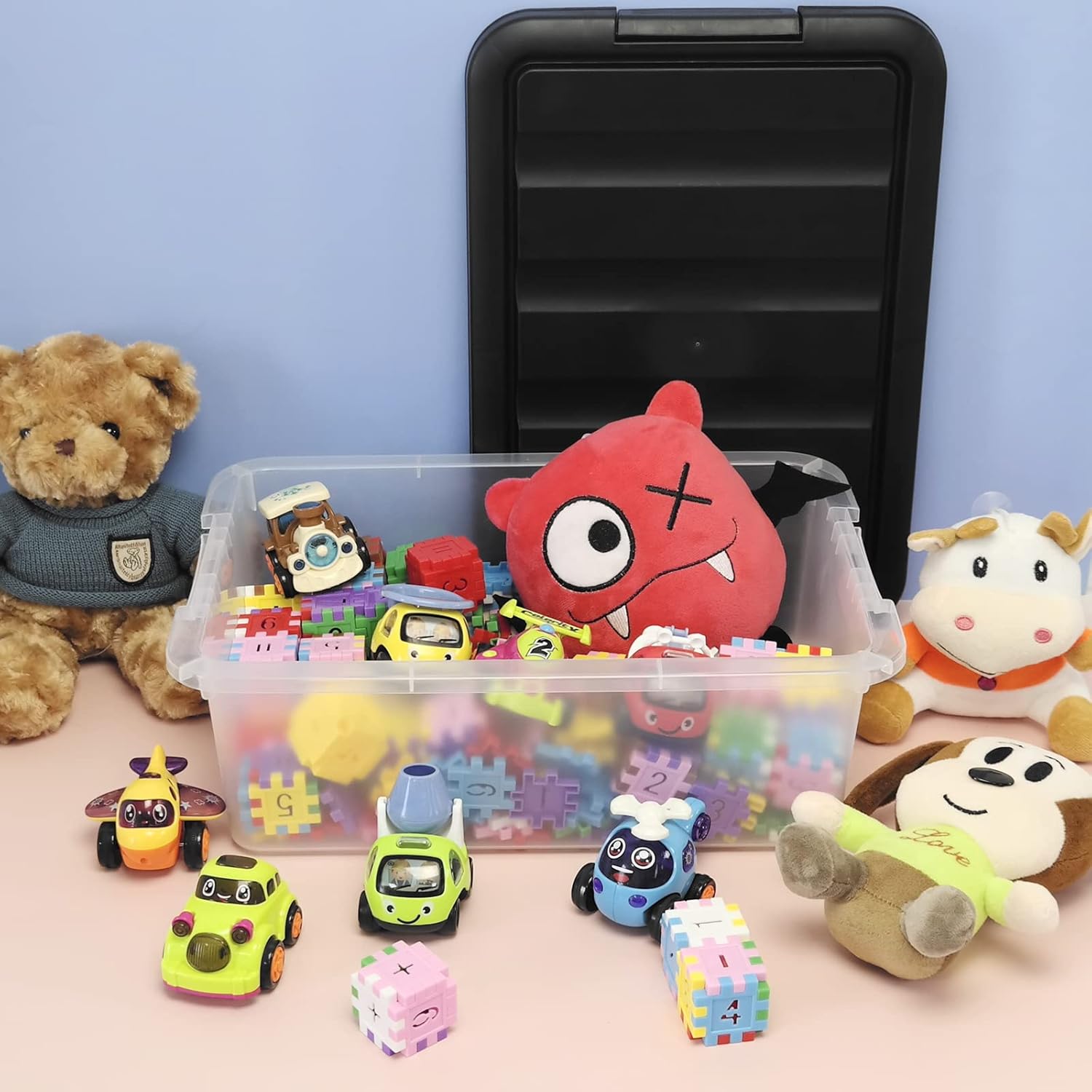 Wekioger Versatile Plastic Storage Box Organizer Bins with Black Lids, 14 Quart, 2 Packs