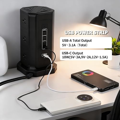 Miniatura 6 de EP Torre de regleta con puertos USB, protector de sobretensiones, cable de alimentación con 9 salidas de CA y 4 USB (3A 1C), cable de extensión de 6