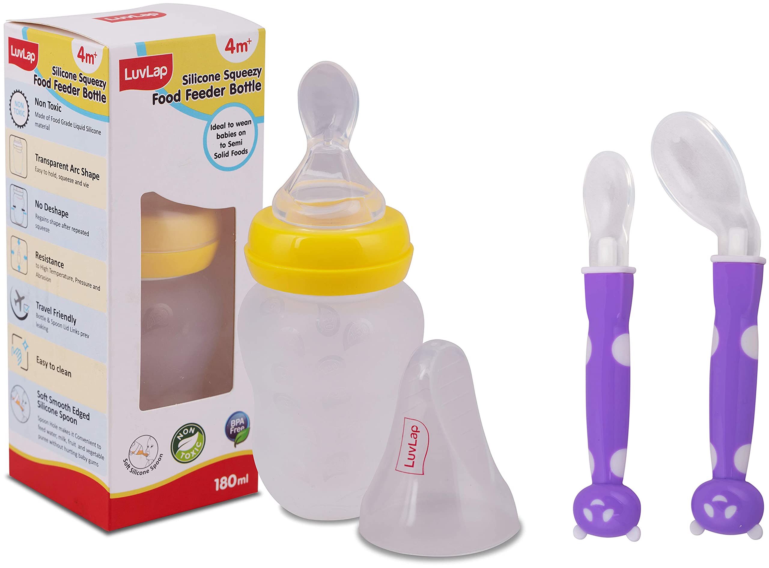 Luvlap Easy Squeezy Food Feeder - 180 Ml & Joy Star Baby Self Feeding Spoon Set, Soft Silicone Tip, Bpa Free, 2 Pcs, Magenta/White