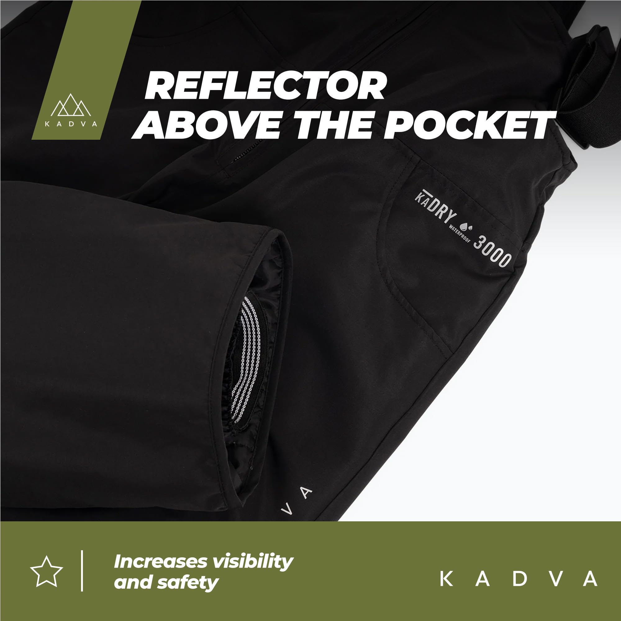 KADVA Skihose für Kinder SKIRO Pants JR in Schwarz Größe 110 cm Wasser- und Winddicht mit offenen Taschen und Hosenträgern Ausgestattet mit reflektierenden Elementen und Logo