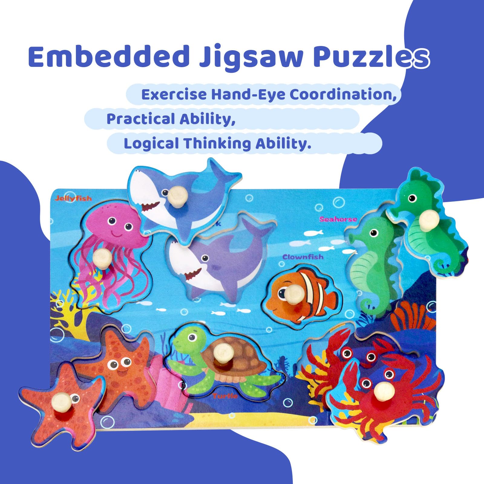 Wooden Puzzles for Toddlers 4 Pack (Animals/Sports/Vegetables/Tools) Jumbo Knob Wooden Matching Puzzle - Image 4