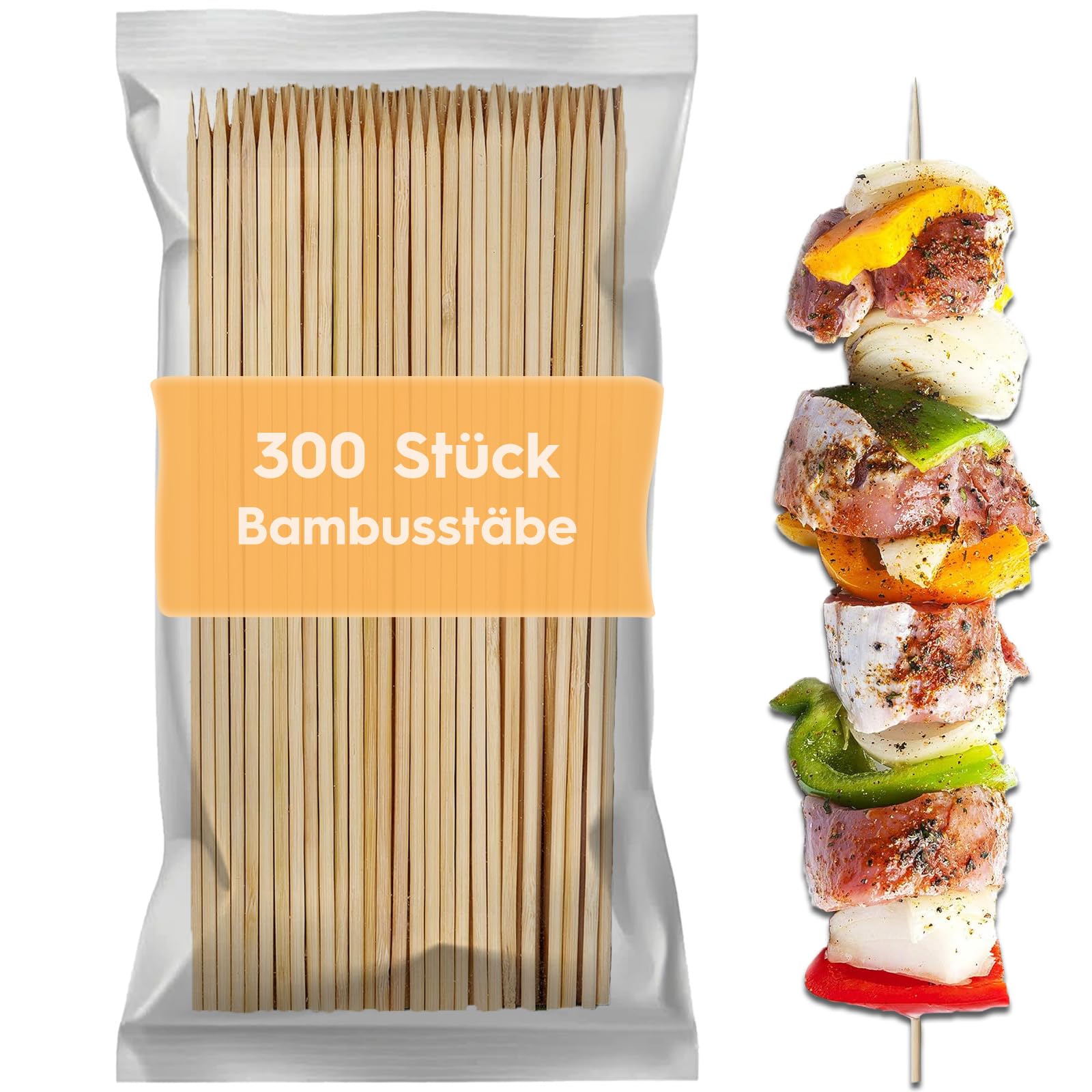 300 Stück Schaschlikspieße Holz 30 cm, Holzspieße Durchmesser 0.35 cm, Bambusstäbe, Einseitig Spitz, Flache Seite, für Grill, Buffet, Obst, Marshmallows, Zuckerwatte