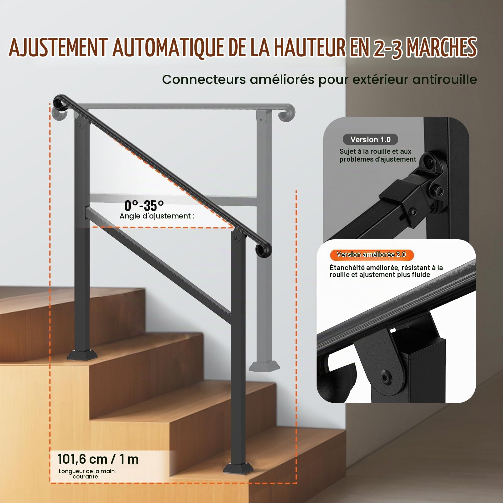 VEVOR Rampe d'Escalier pour 2-3 Marches Extérieures Main Courante Escalier avec Kit d'Installation, 1 Barre Transversale, Garde Corps Intérieur pour Personnes Âgées, Porche, Terrasse, Maison, Noir