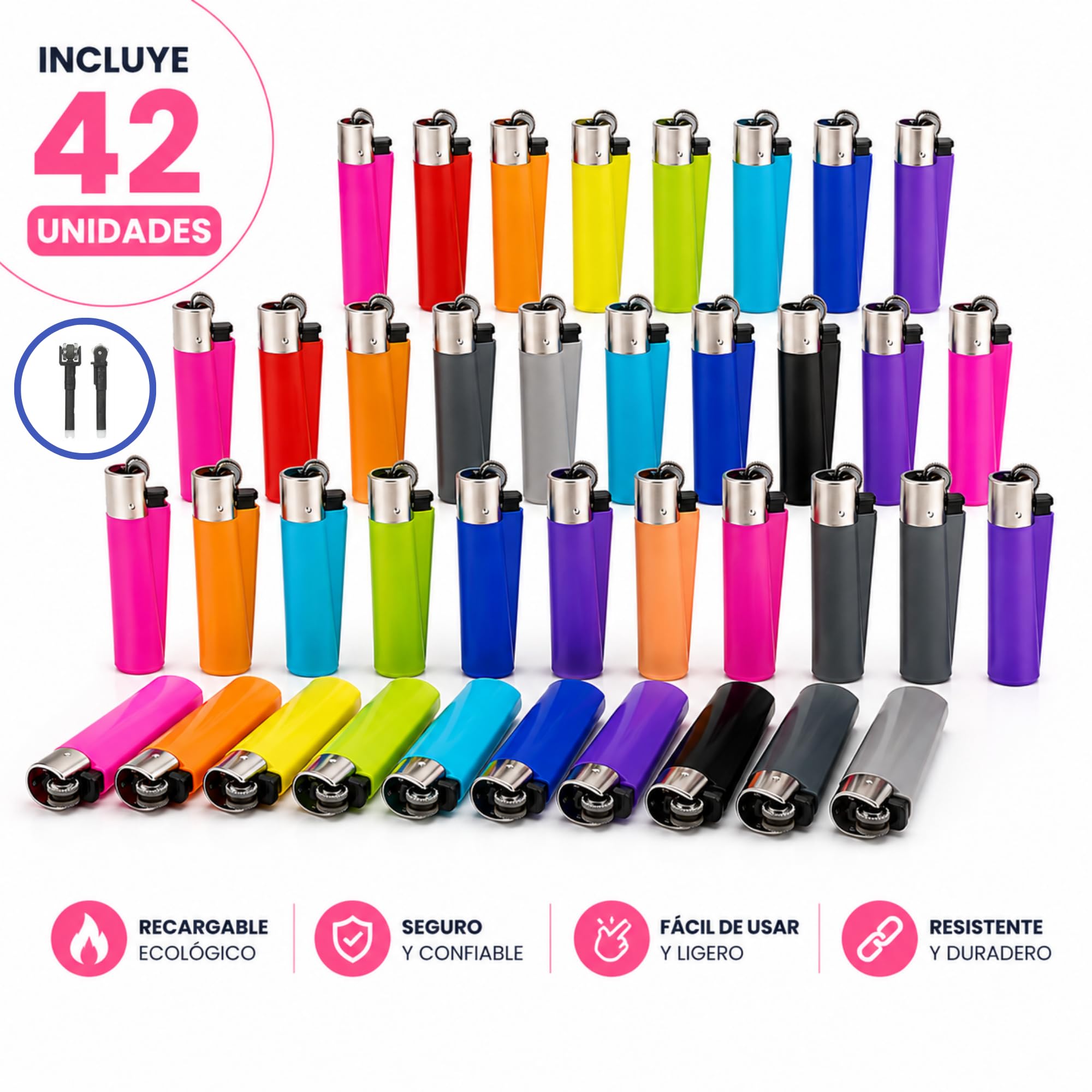 Pack 42 Mecheros Recargables con Gas Butano Encendedores Reutilizables de Piedra Larga Duración Llama Estable Encendido Rápido Colores Variados para Cocina Camping Velas y Barbacoa