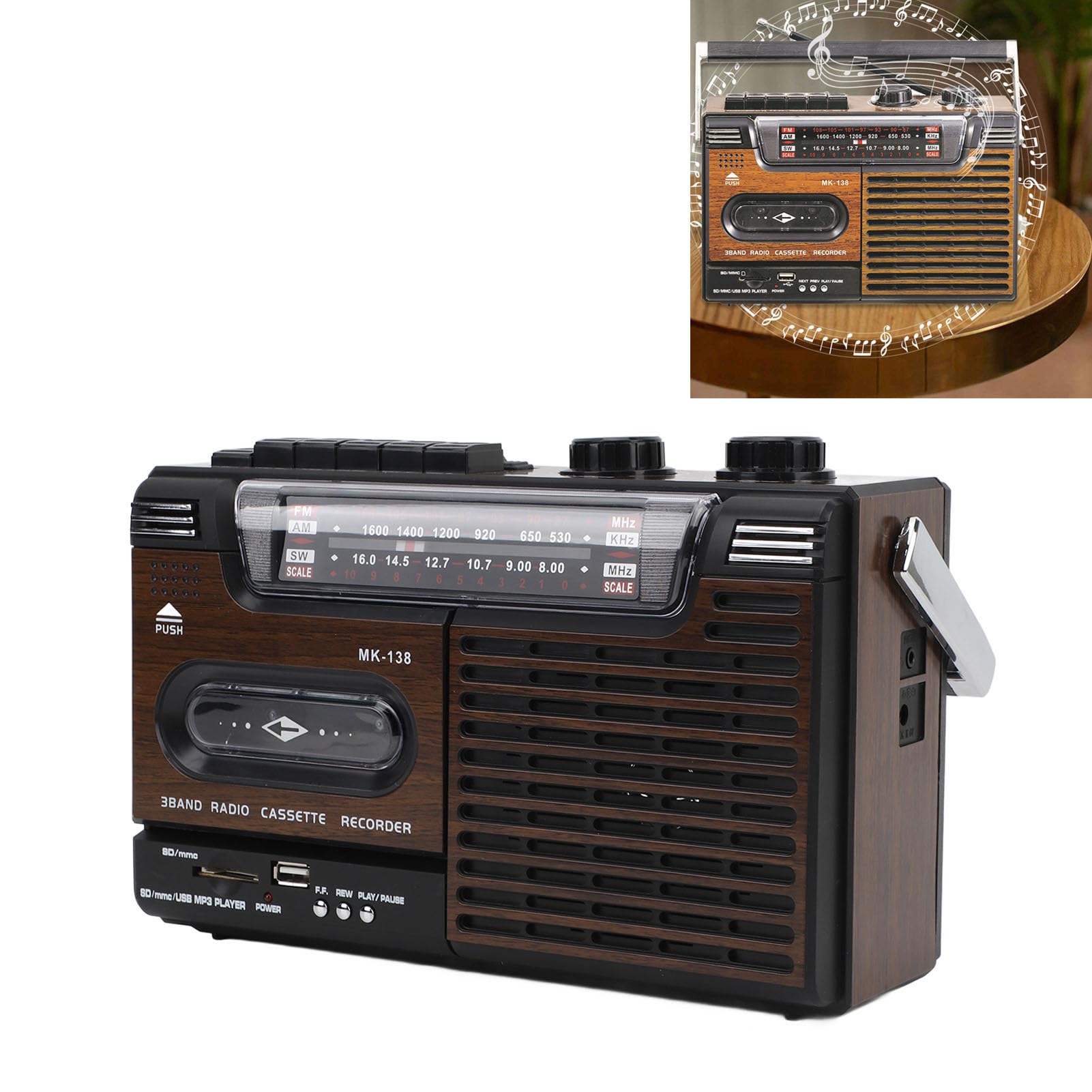 Cuifati Przenośny Odtwarzacz Kasetowy, 4-pasmowe Radio AM SW FM w Stylu Retro z Gniazdem na kartę Pamięci USB i Gniazdem Słuchawkowym, do Użytku Domowego w Samochodzie Efekt Bliskiego (wtyczka UE)