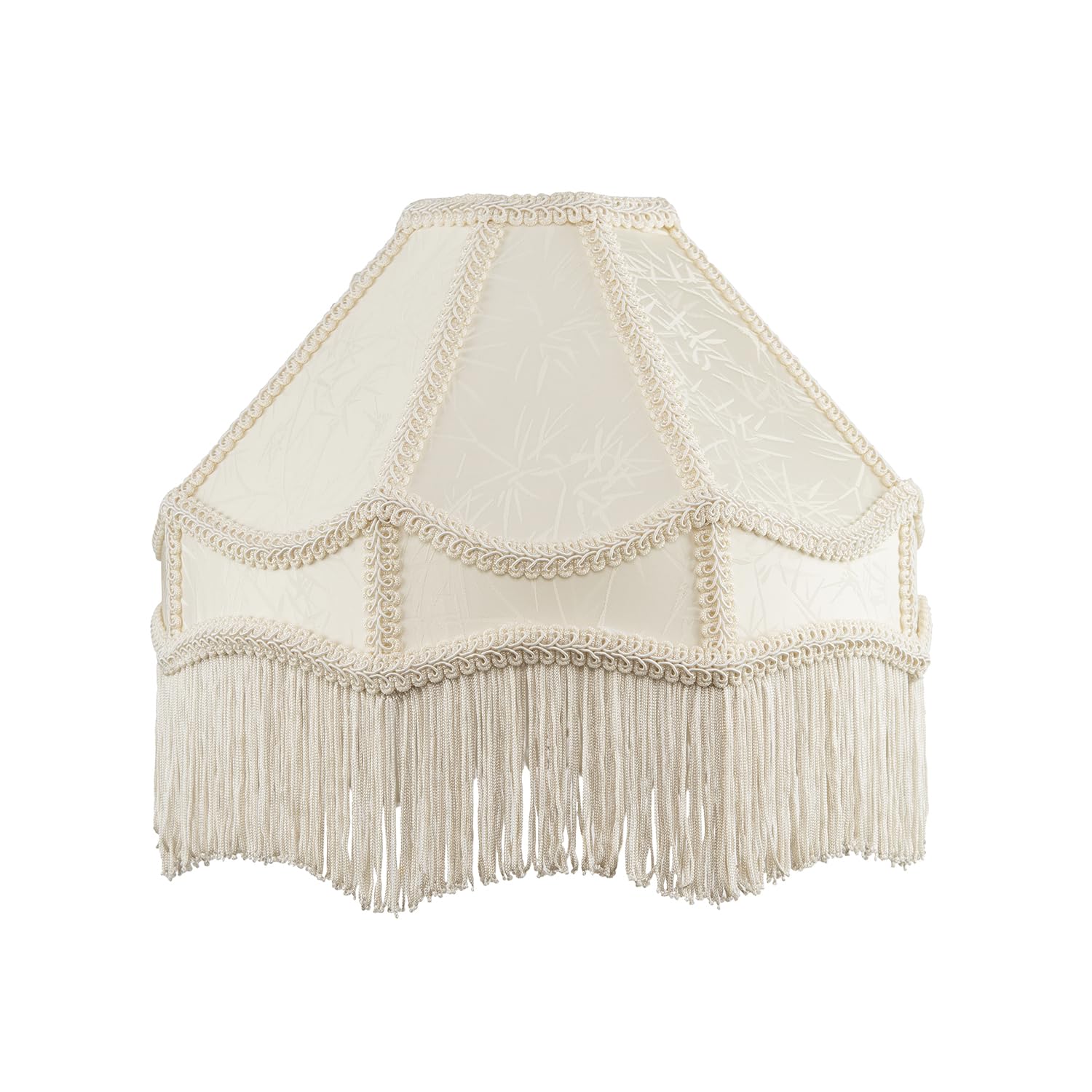 Handmade White Sleek Satin Victorian Lamp Shade with Floral Leaf Decor Embroidered Trims and White Tassels | 30cm x 19cm | for Pendant, Floor or Table Lamp by Happy Homewares