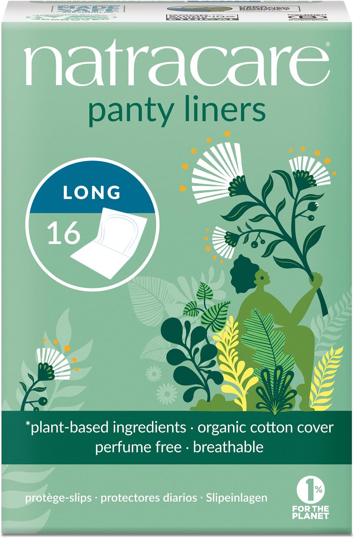 Natracare Natural Organic Panty Liners, Long, Made with Certified Organic Cotton, Ecologically Certified Cellulose Pulp and Plant Starch (1 Pack, 16 Liners Total)