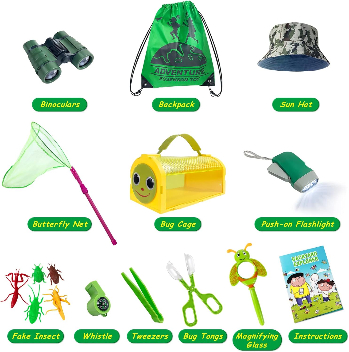 ESSENSON Bug Catcher Kit - Bug Collection Kit Outdoor Toy Gift for Age 3 4 5 6 7 8+ Years Old Boys Girls Kids Outdoor Explorer Kit with Bug House, Binoculars, Butterfly Net, Camping, Adventure