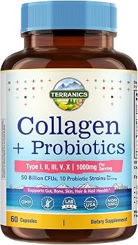 Terranics Multi Collagen Peptides Type I, II, III, V, X, 1000 mg Per Serving, with Probiotics 50 Billion CFUs, 10 Strains, Supports Skin, Bone & Gut Health, Non-GMO, 60 Capsules