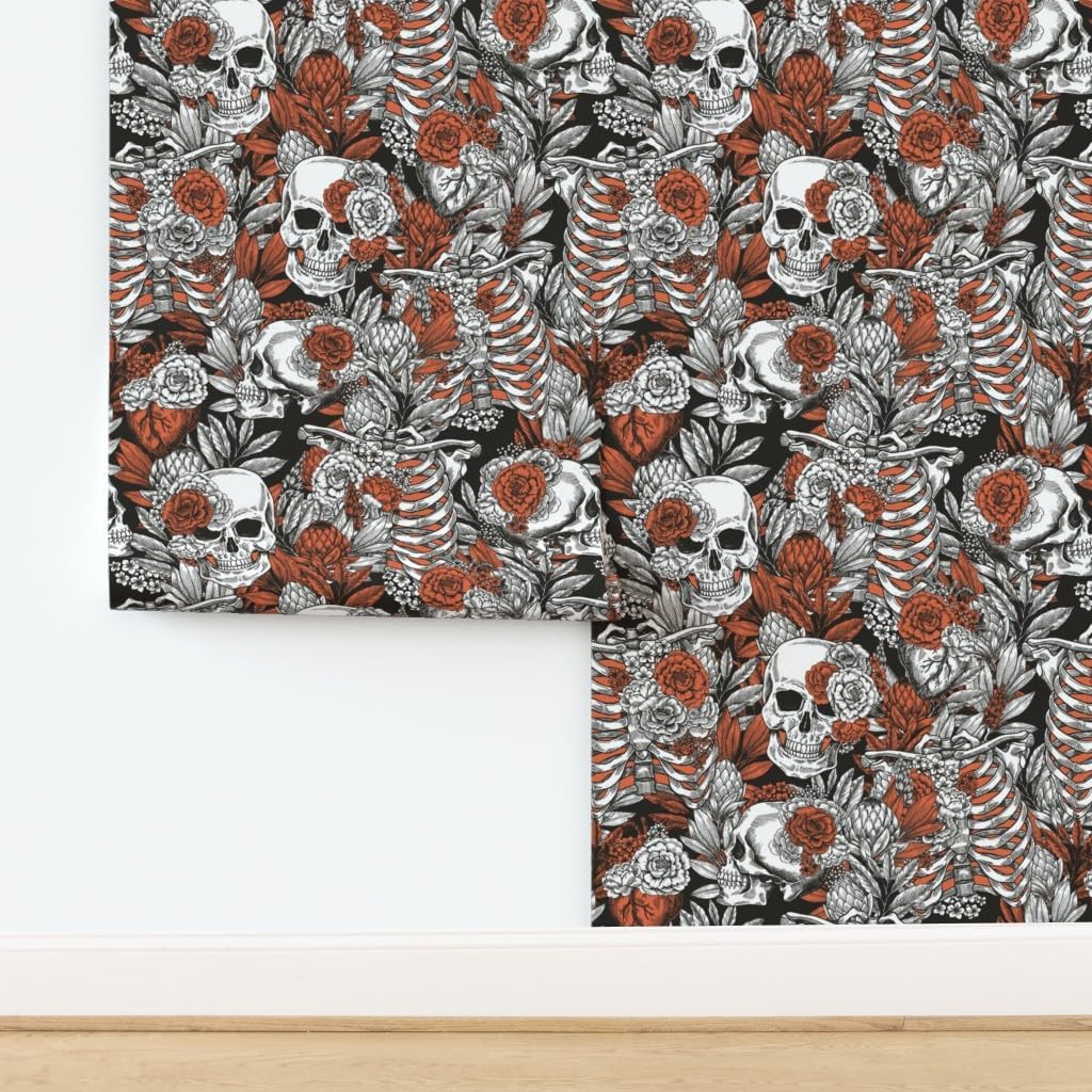 Spoonflower Removable Wallpaper 3ft x 2ft - Vintage Anatomy Halloween Dark Gothic Skull Medicine Flower Custom Pre-Pasted Wallpaper