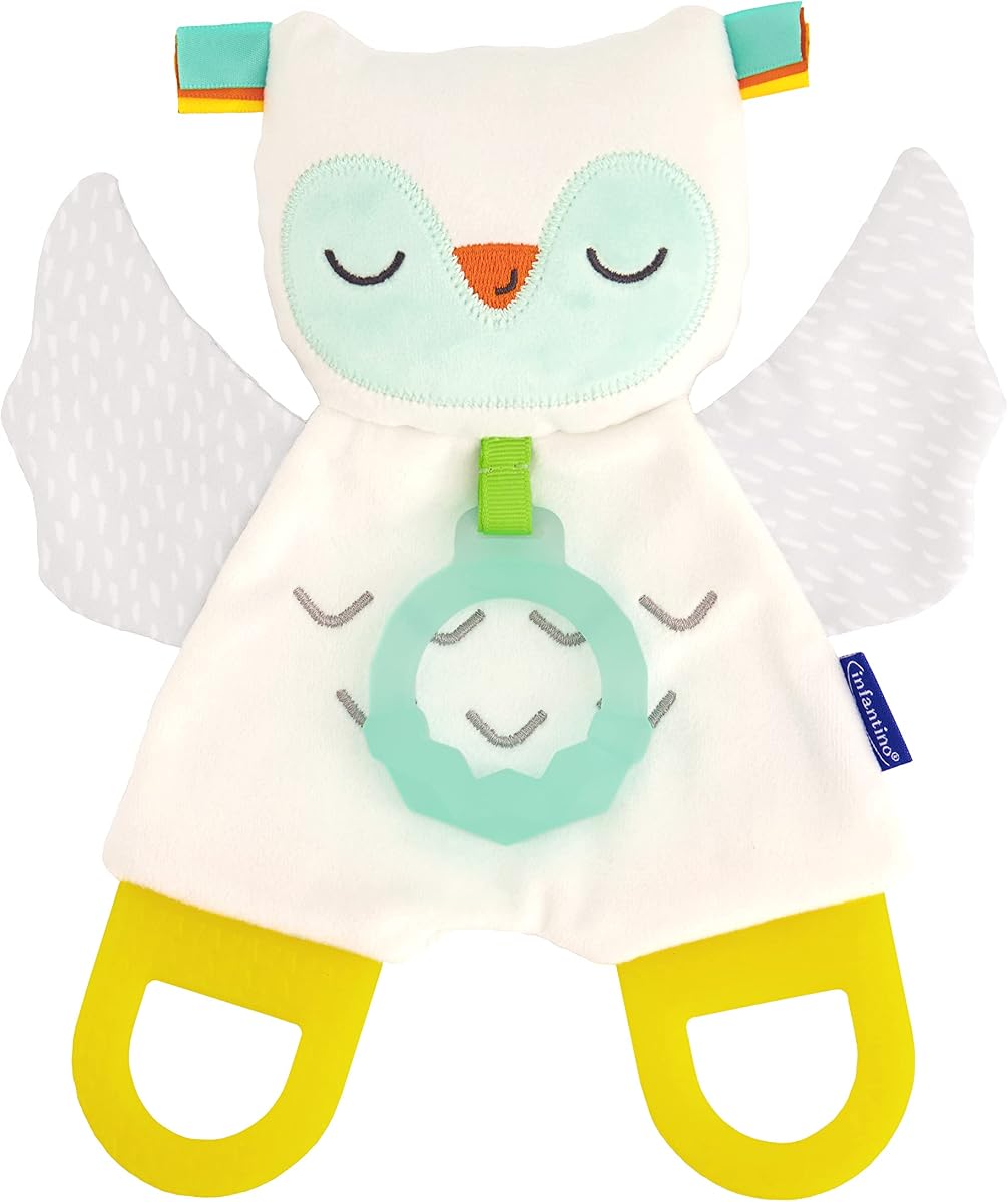 Glow-in-the Dark Cuddly Teether - Búho de juguete suave con 3 dientes texturizados, banderas de violín, sonidos de arrugas, material suave, juguete sobre la marcha