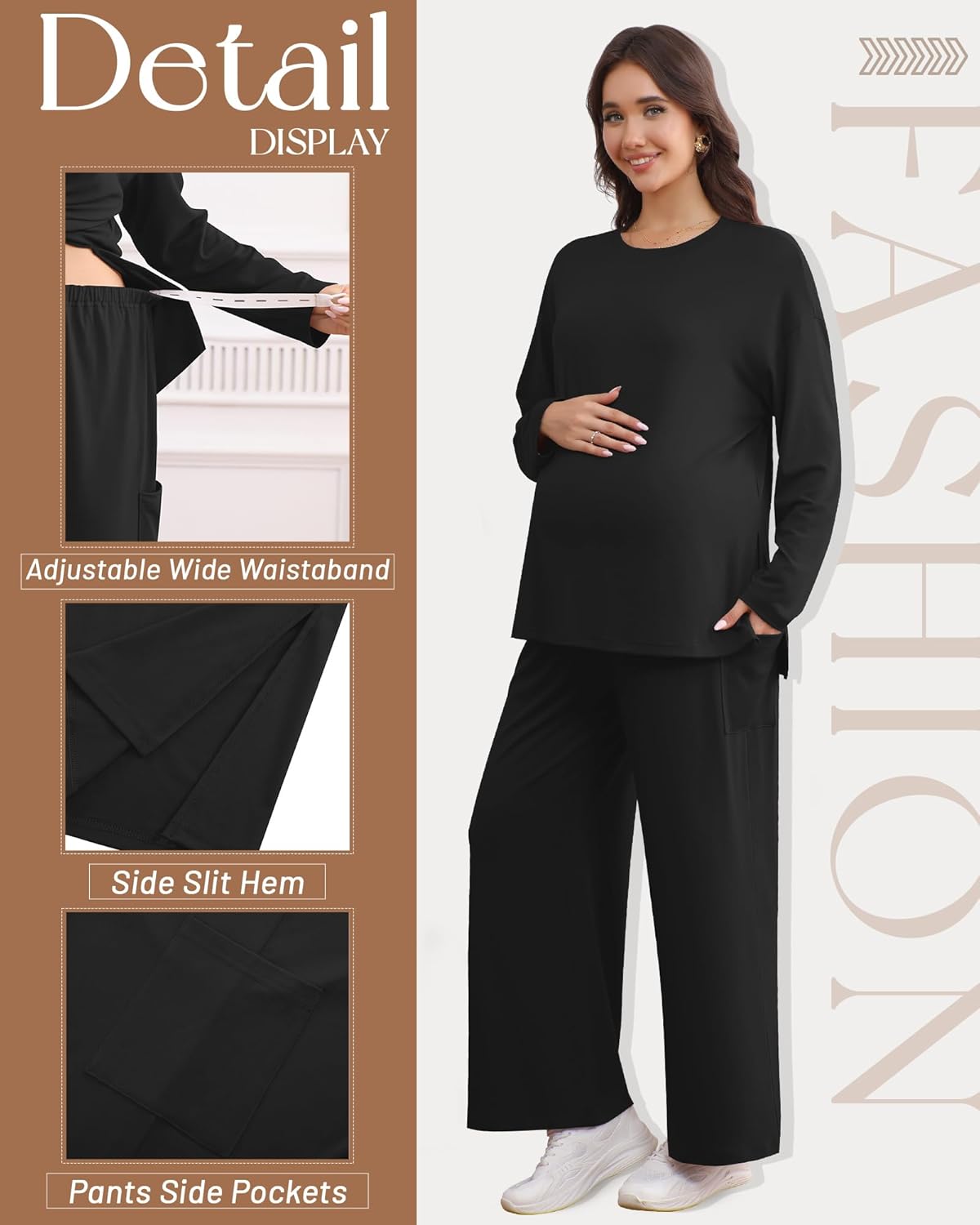 Women's Maternity Lounge Sets 2 Piece Outfits Long Sleeve Side Slit Shirts Casual Wide Leg Pants with Pockets