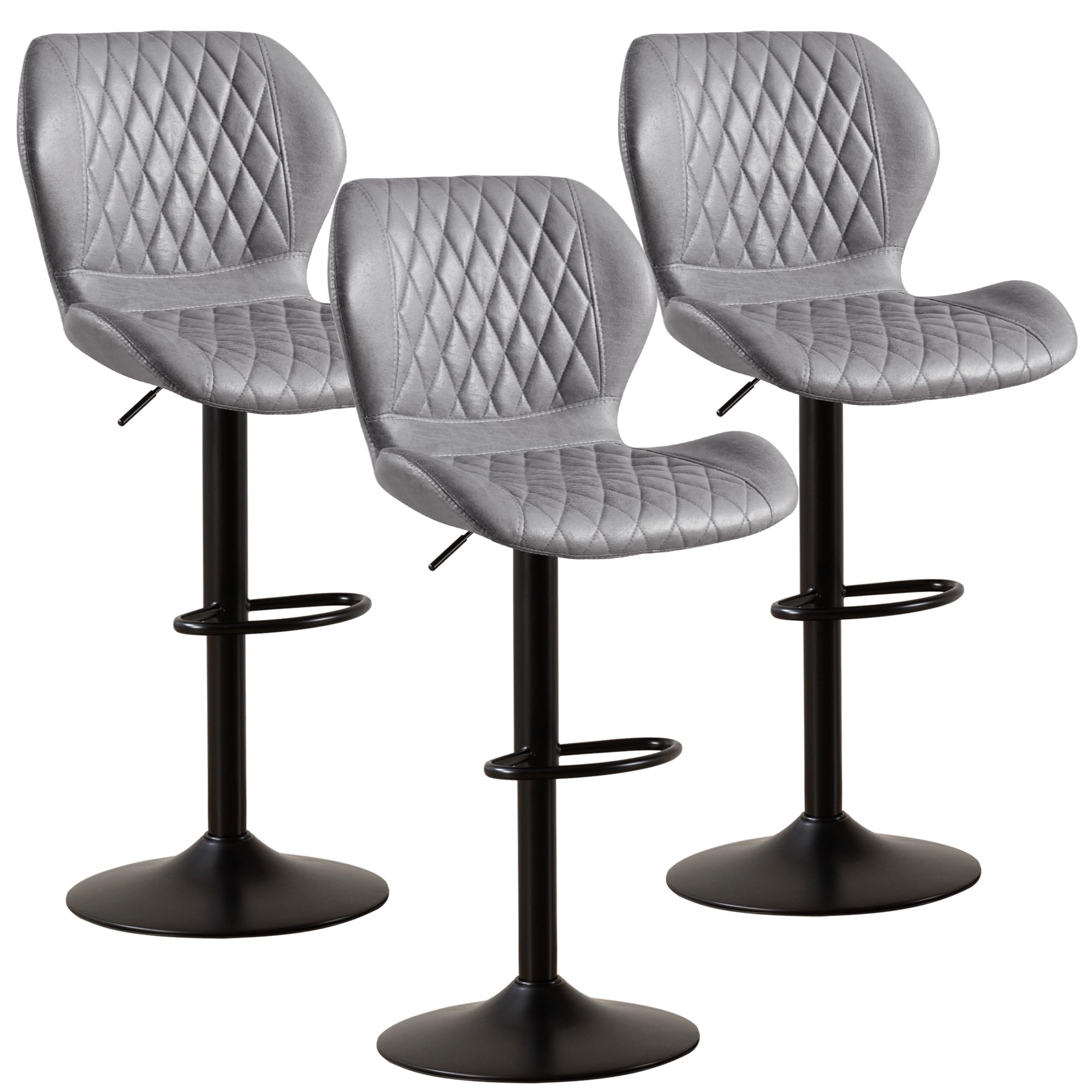 YUUIJOAA Bar Stools Set of 3, Upholstered Adjustable BarStools, Swivel Counter Height Barstools with Back, Modern Counter Stool Bar Chairs, Armless Kitchen Island Chairs, Grey
