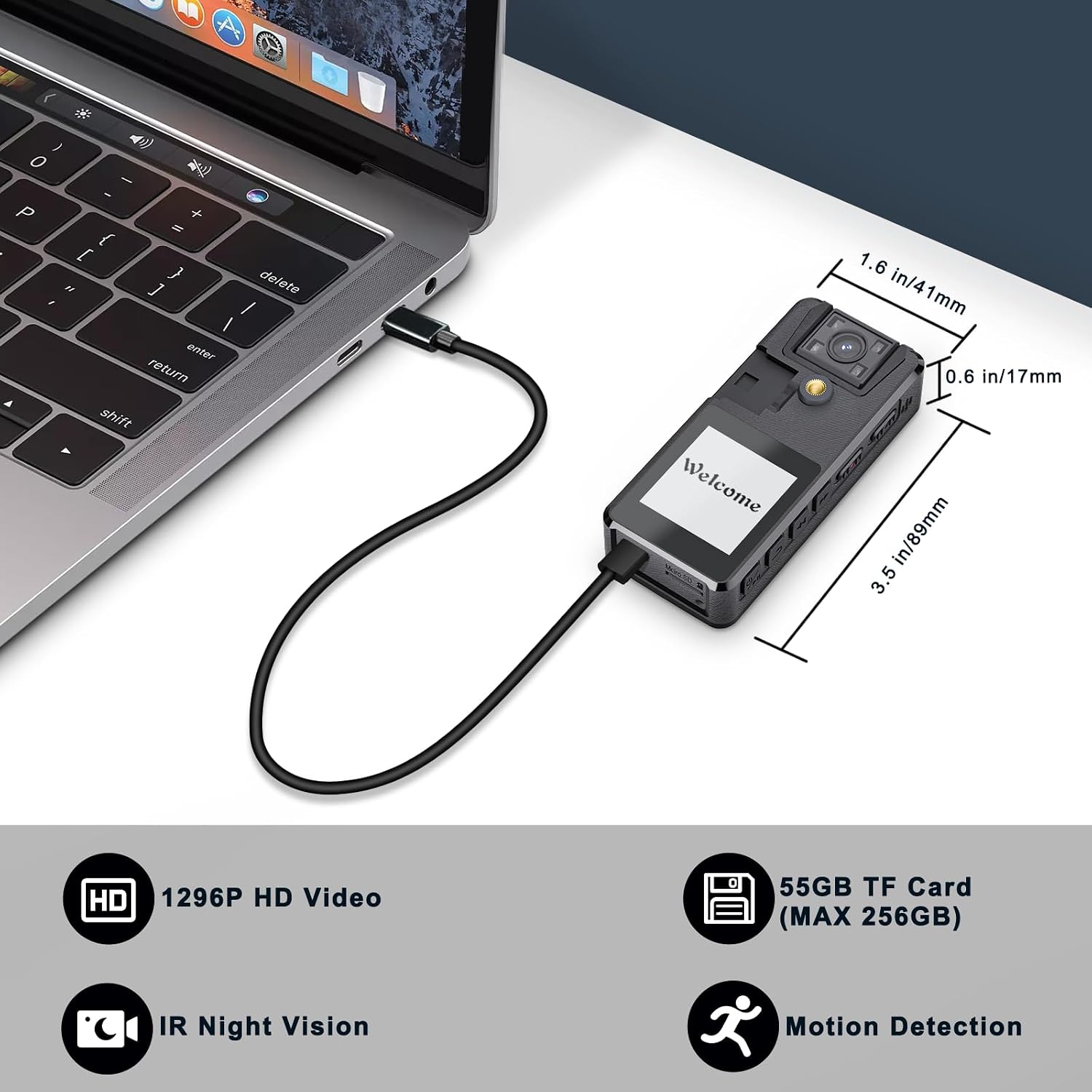 Hoestr Body Camera A32 with dimensions and USB-C port