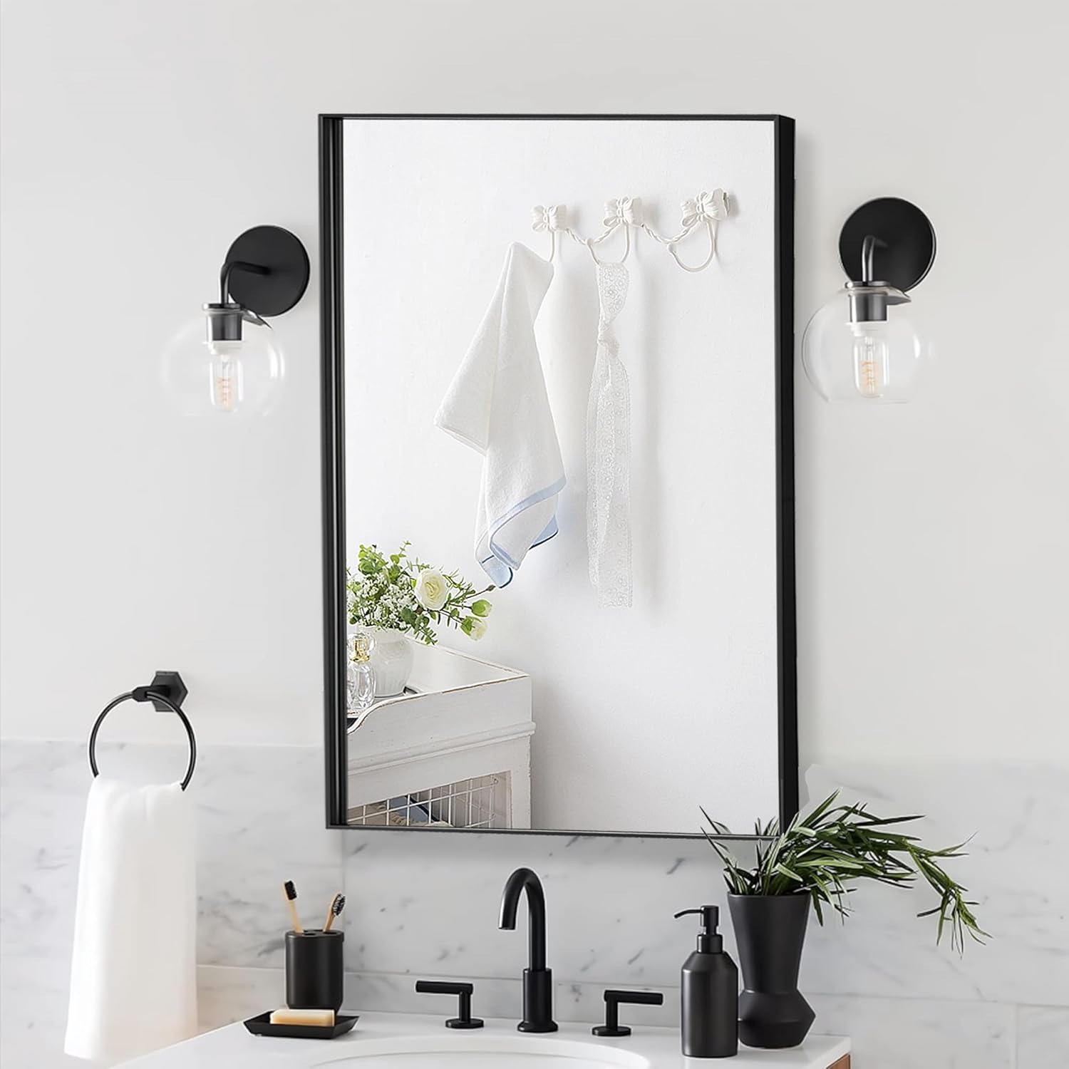 Bonverre 20 x 36 Inch Rectangle Wall Mirror, Aluminum Frame Rectangular Mirror for Bathroom, Vanity, Bedroom, Living Room, Entryway, Wall Mounted Horizontal or Vertical, Black Black-rectangle 20"x36"