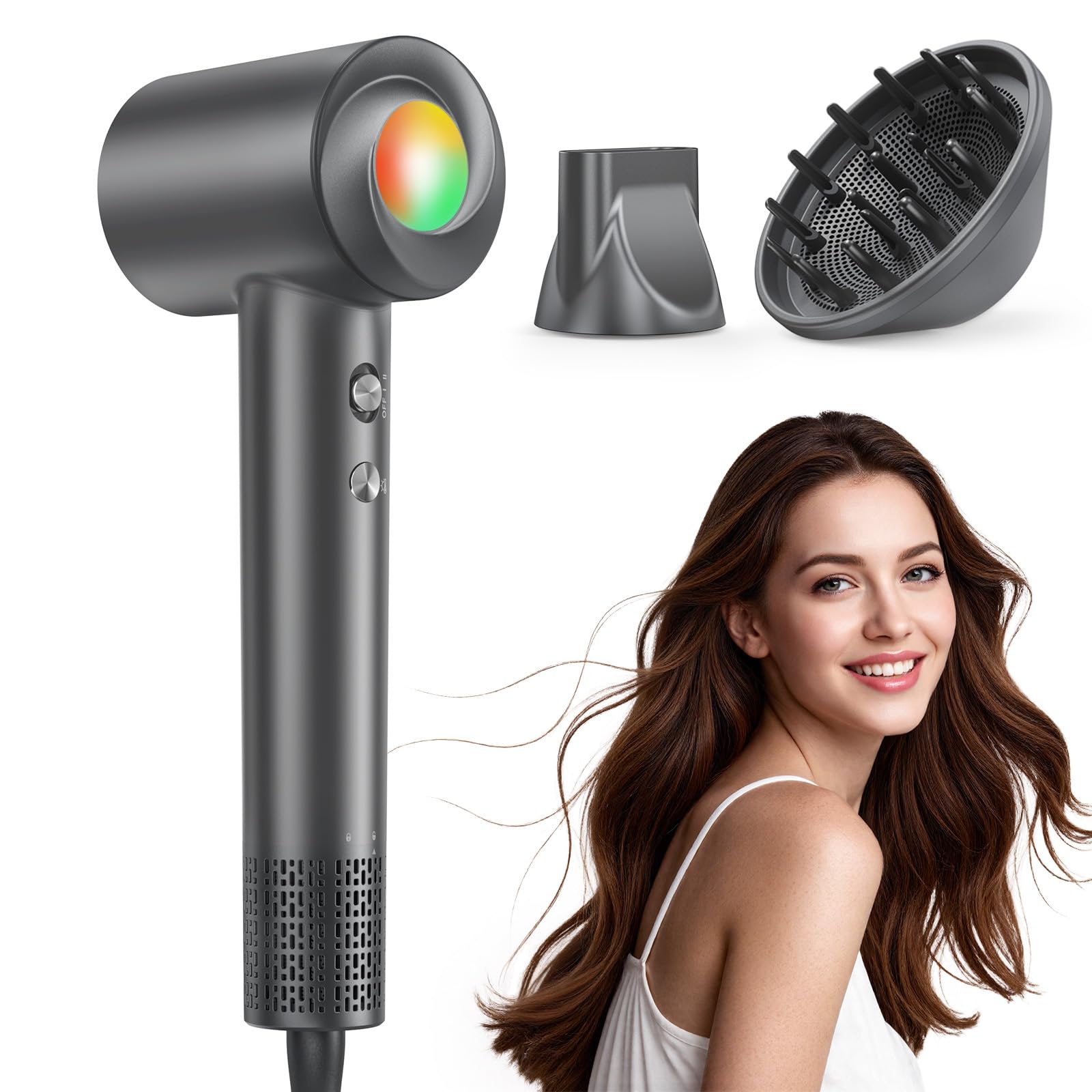 Haokoo Föhn mit Diffusor - 150.000 U/min Hochgeschwindigkeits Ionen Haartrockner, Schnelles Trocknend, Fön mit 500 Mio. Negative Ionen, 8 Temperatur-Stufen mit LED, für Locken, Reisen, Zuhause, Salon