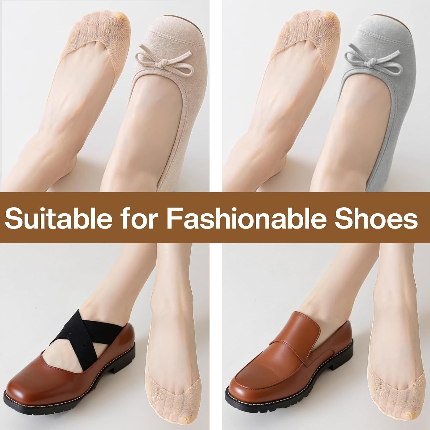 Nogeqi 4 Pairs No Show Socks Womens for Flats, Non Slip Ultra Low Cut Footie Liner Socks, Invisible Sock for Women Boat Shoe, Size 9-11 (Nude)