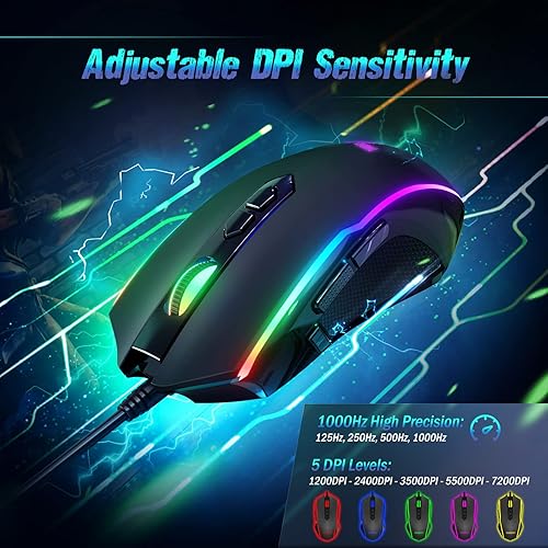 Miniatura 3 de Ratón para juegos con cable, ergonómico USB para computadora con 8 botones programables, ratón óptico para juegos con 16.8 millones de