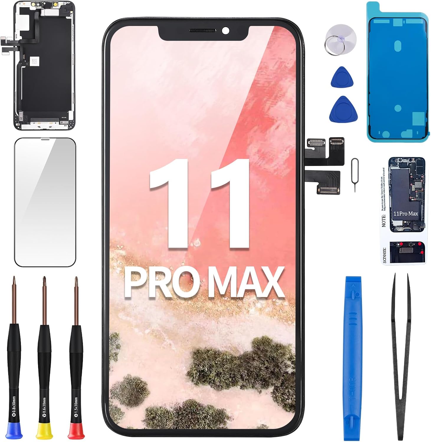 for iPhone 11 Pro Max Screen Replacement 6.5" with Ear Speaker Proximity Sensor 3D Touch Display Digitizer Full Assembly with Repair Kits Waterproof Adhesive Glass Fix Tools A2161 A2220 A2218