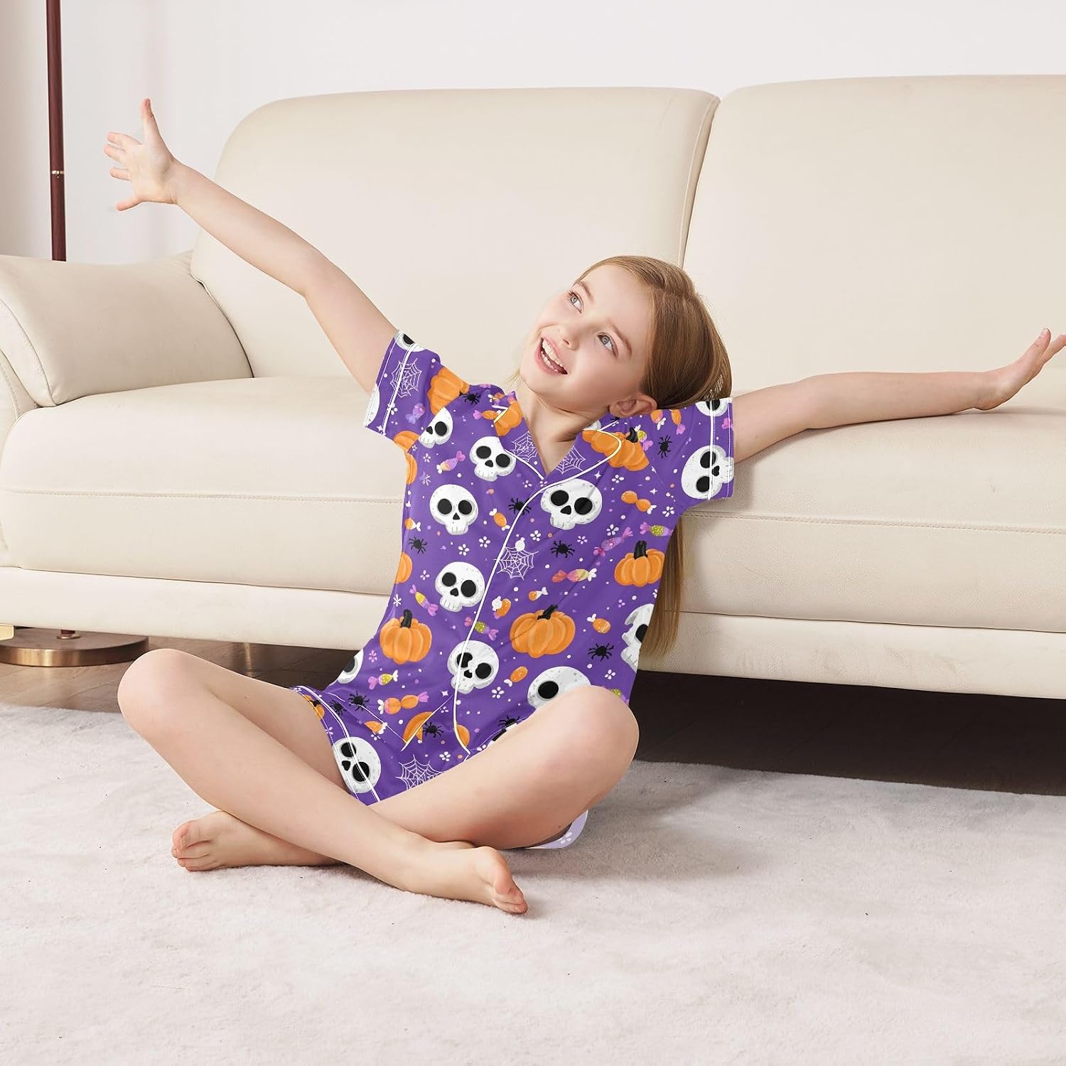 Kids Satin Wear Set Spider Web Skull Pumpkin Pattern Relaxed Fit Clothing Short Sleeve and Shorts