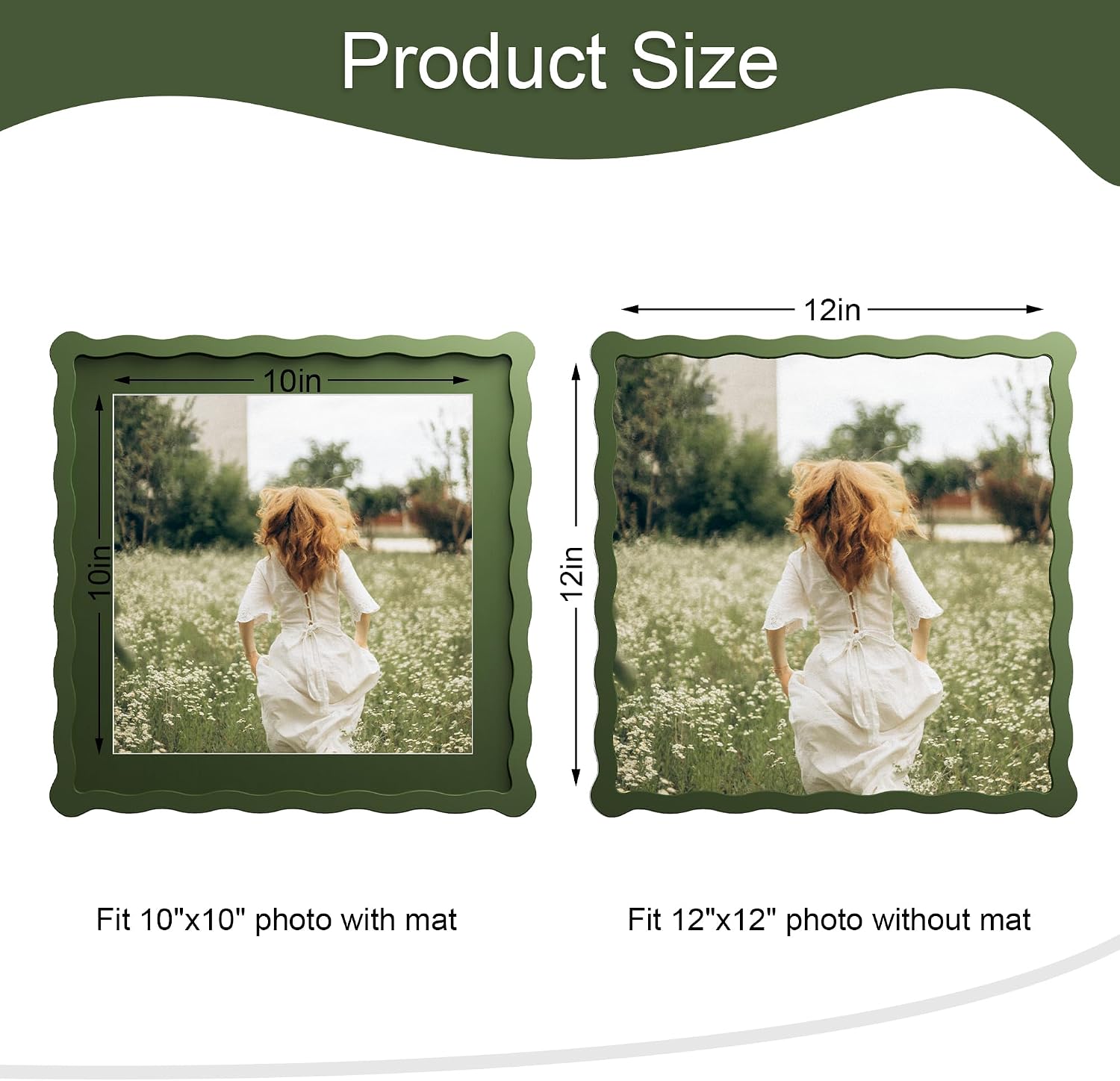 12x12 Picture Frame with Mat for 10x10, Wavy Edge Wooden Real Glass Photo Frame for Wall Hanging, Green, 1 Pack