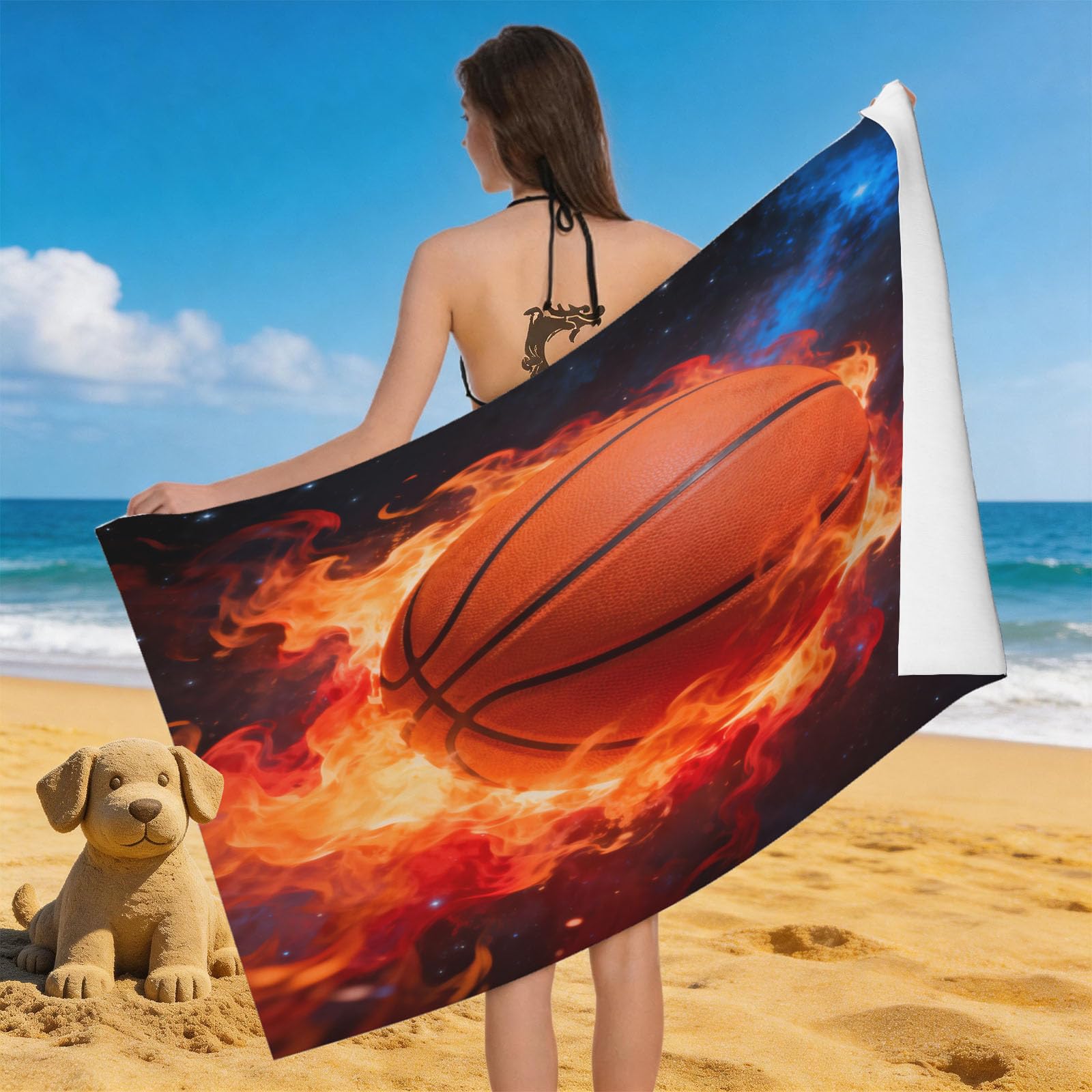 Leichong 3D Flame Basketball Beach Towel Microfiber Soft Quick Dry for Adults, Basketball Pattern Bath Towel Lightweight Soft Absorbent for Travel Swimming Pool Sports, 75 x 150 cm